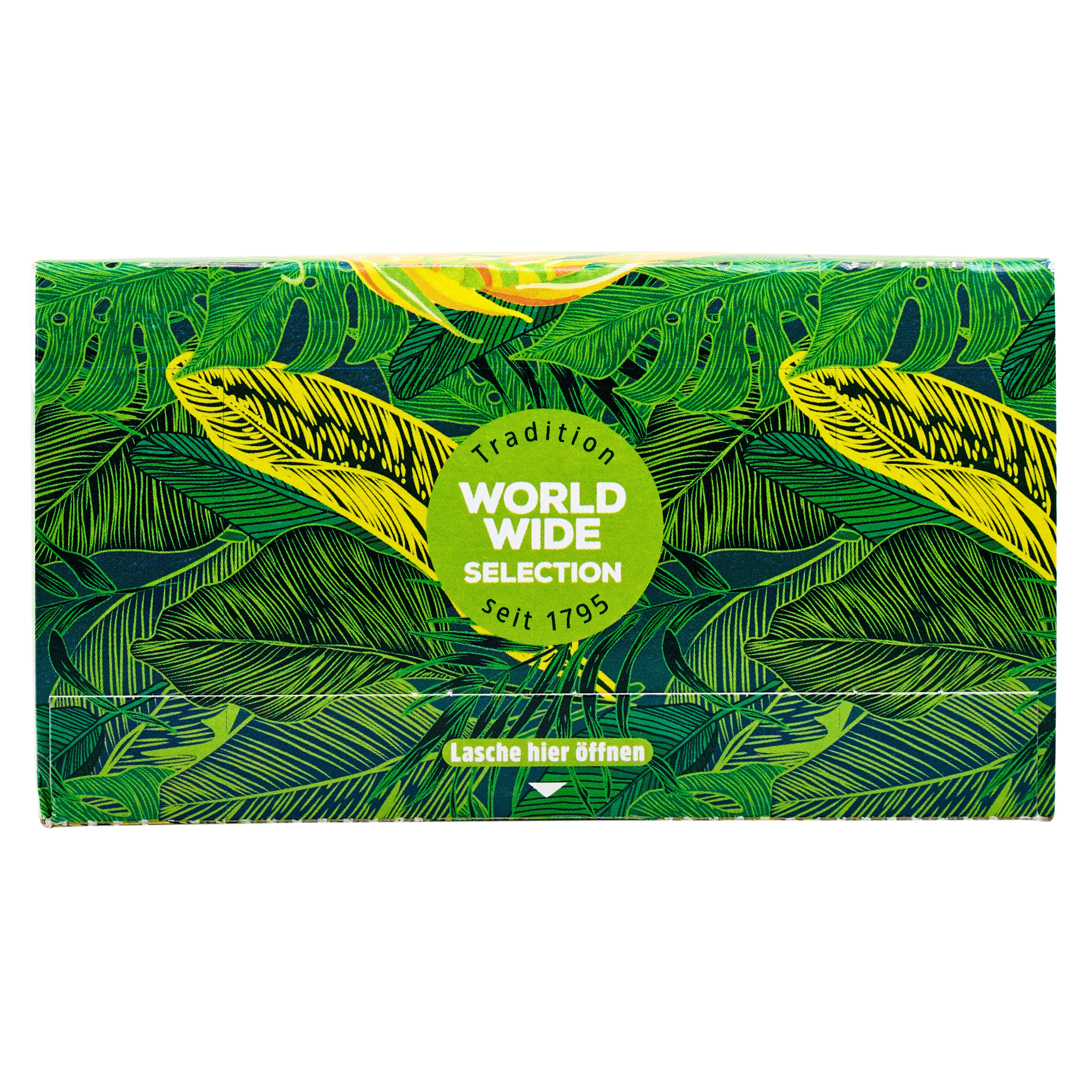 Verpackung mit tropischem Blattmuster und "World Wide Selection seit 1795" Aufdruck.