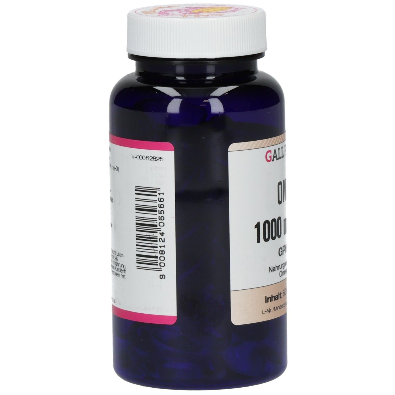 Flacon bleu foncé avec bouchon blanc. Code-barres et texte sur l'étiquette. GALL PHARMA Omega 3.