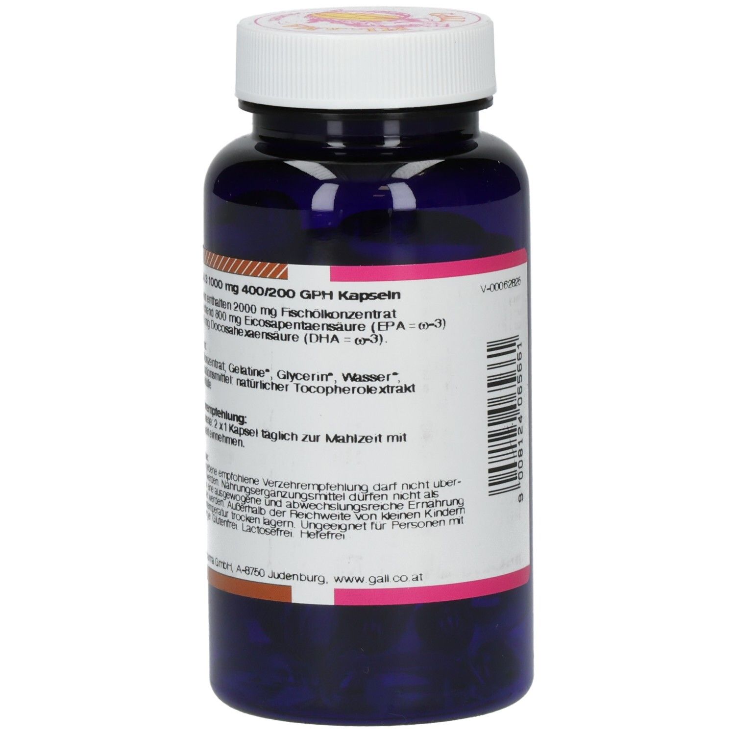 Flacon bleu foncé avec bouchon blanc. Texte sur l'étiquette: GALL PHARMA Omega 3. Ingrédients et recommandations.