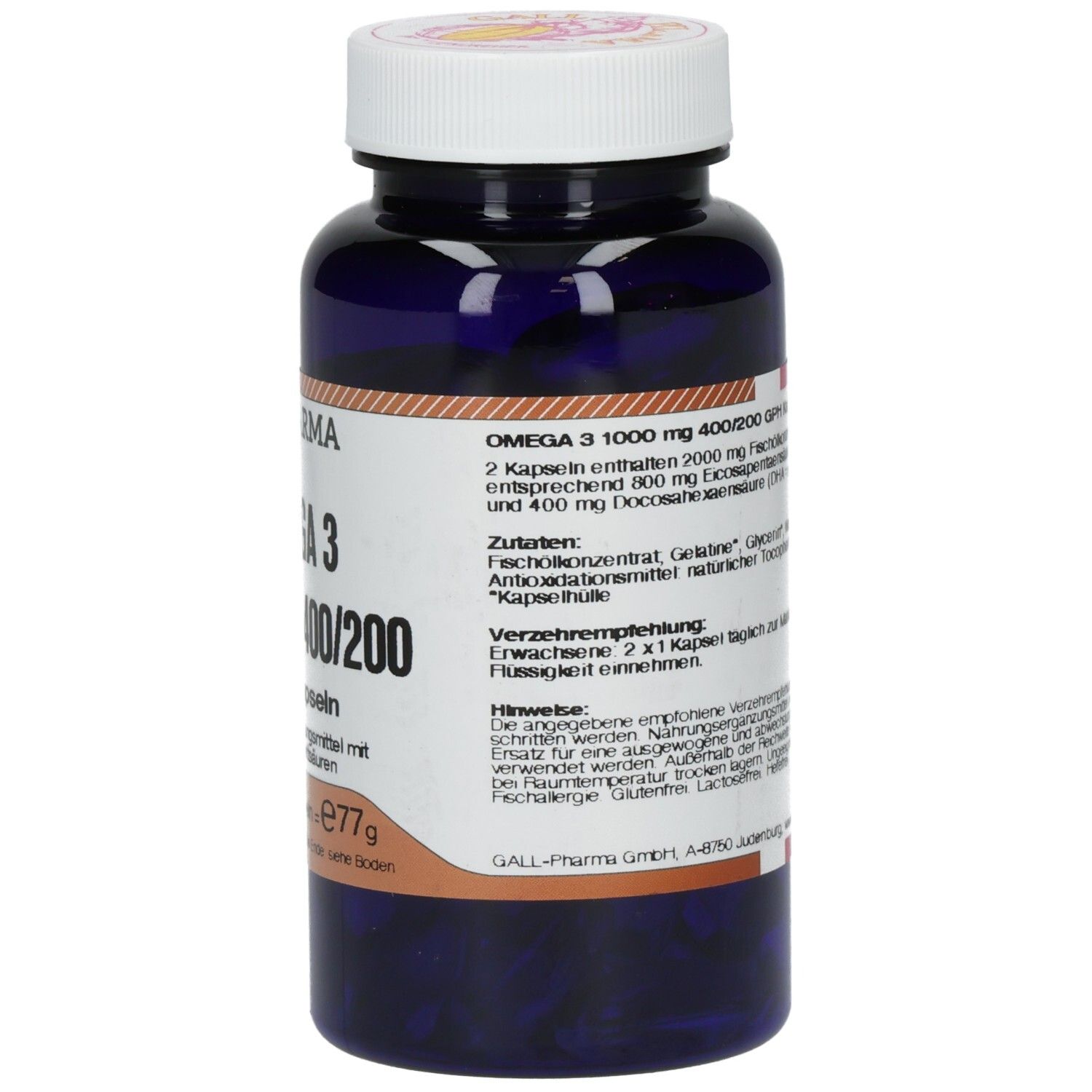 Flacon bleu foncé avec bouchon blanc. Texte sur l'étiquette: GALL PHARMA Omega 3. Ingrédients et recommandations.