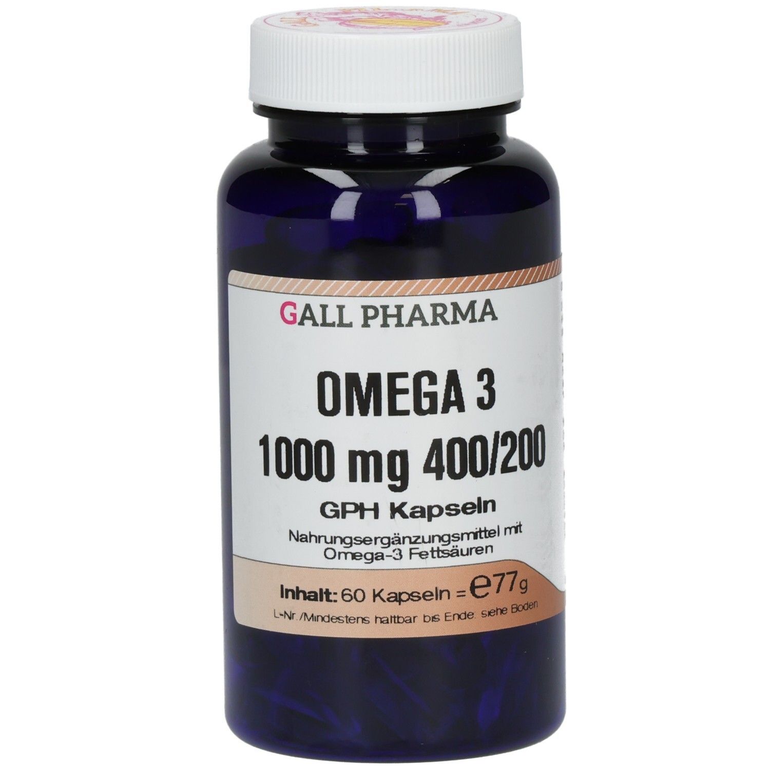 Flacon bleu foncé avec bouchon blanc. Inscription: GALL PHARMA Omega 3 1000 mg 400/200. 60 gélules.