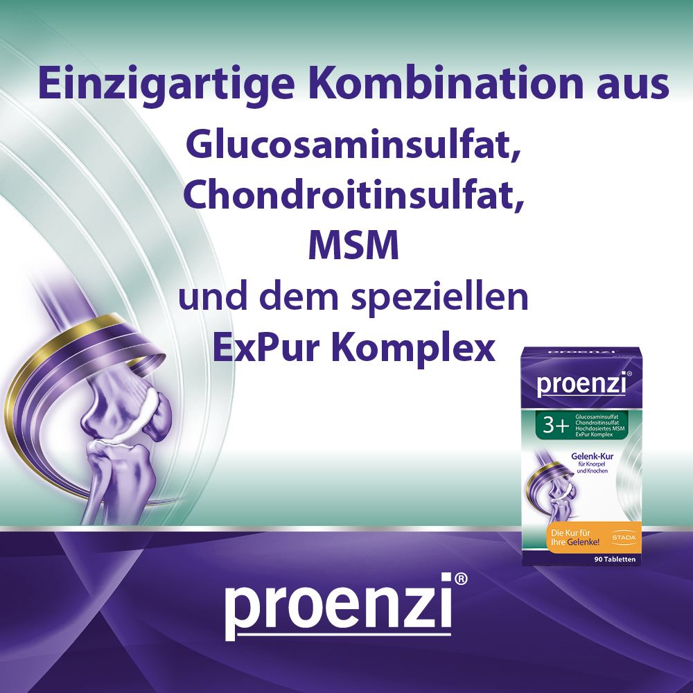 Boîte de comprimés Proenzi 3+. Texte : Combinaison unique de glucosamine, chondroïtine, MSM et complexe ExPur.