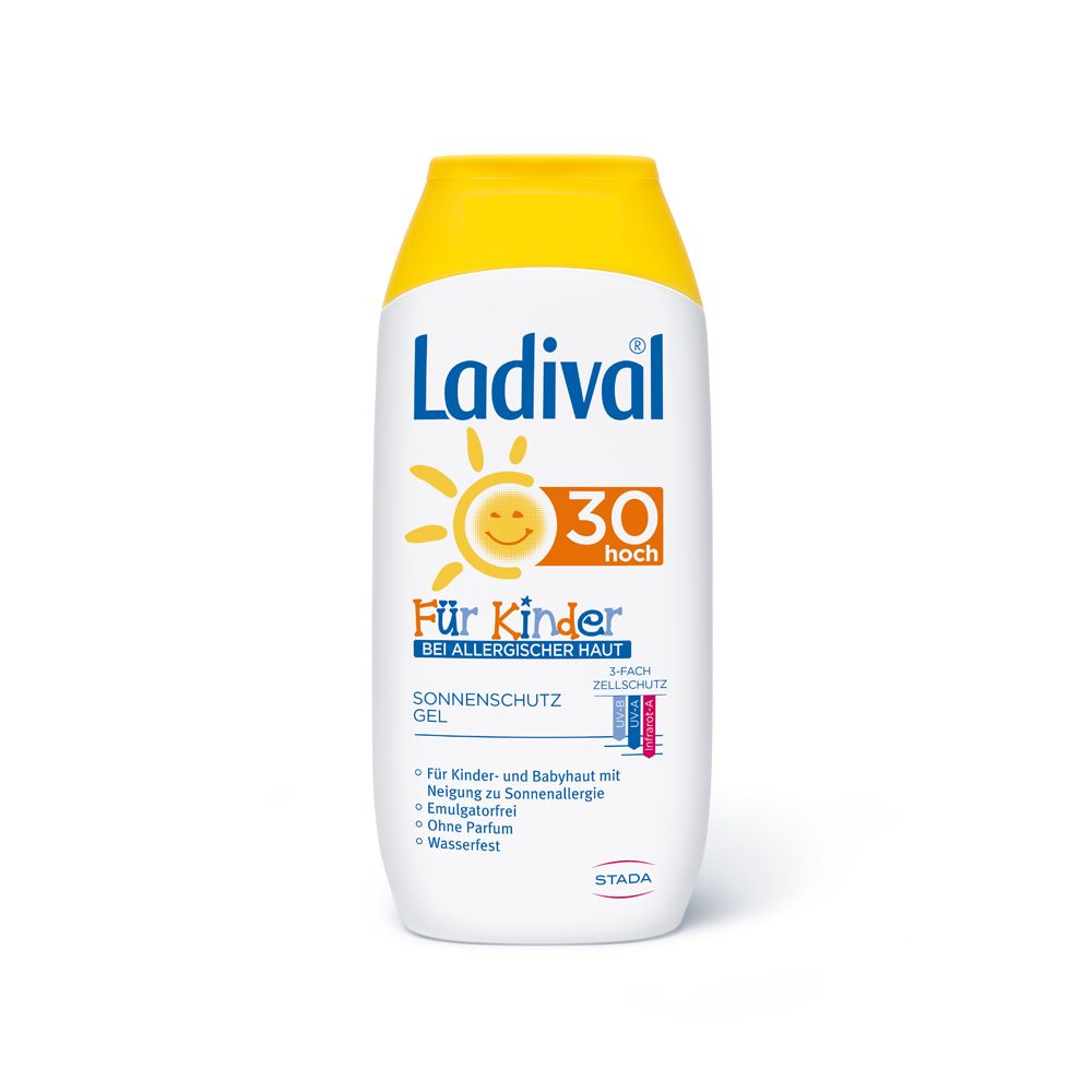 Ladival Sonnenschutz Gel für Kinder. Weiße Flasche mit gelbem Deckel. Aufschrift: 30 hoch, Für Kinder bei allergischer Haut.