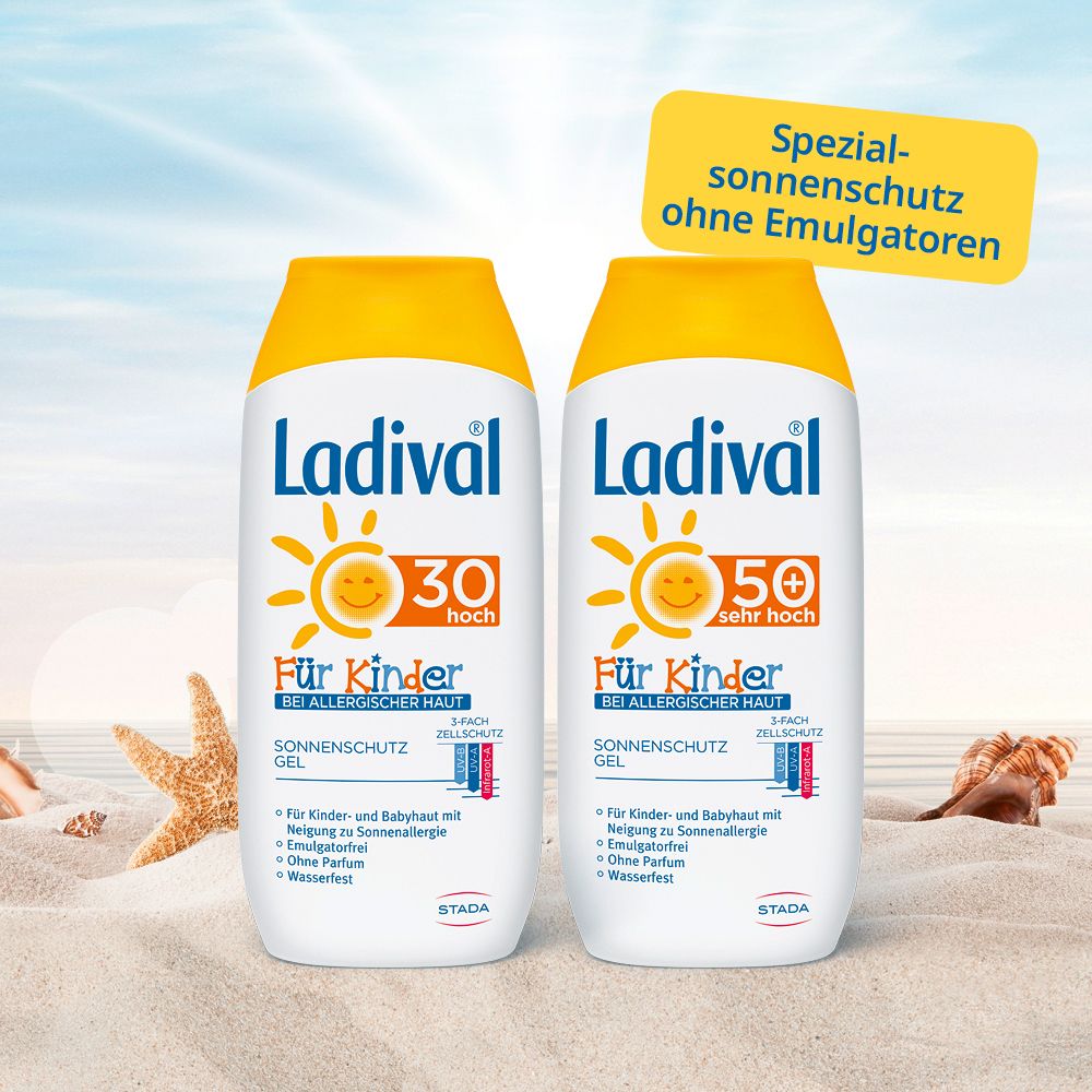 Zwei Ladival Sonnenschutz Gel für Kinder. Weiße Flaschen mit gelben Deckeln. Aufschrift: 30 und 50 hoch.