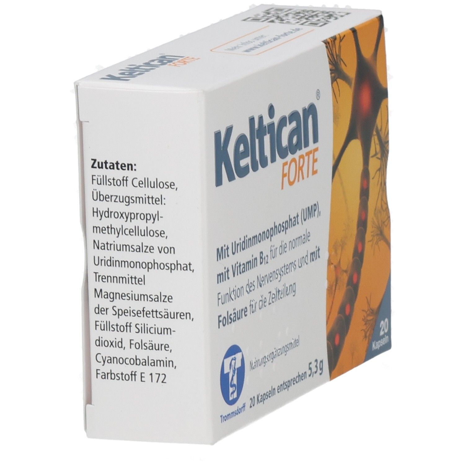 Boîte de Keltican FORTE en biais. Inscriptions : ingrédients, UMP, vitamine B12, acide folique. Illustration d'un neurone. 20 gélules.