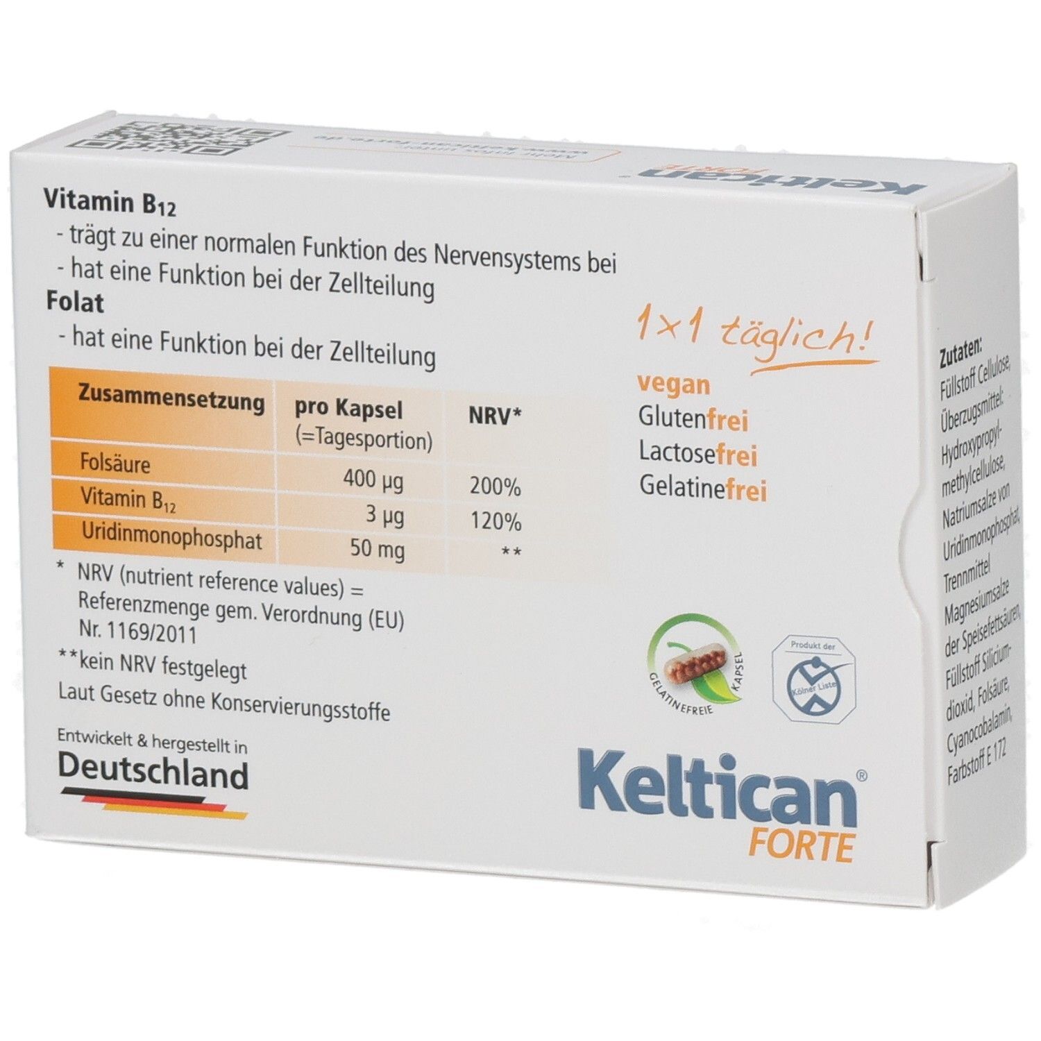 Boîte de Keltican FORTE. Inscriptions : vitamine B12, acide folique, ingrédients, végétalien, sans gluten, sans lactose, sans gélatine.
