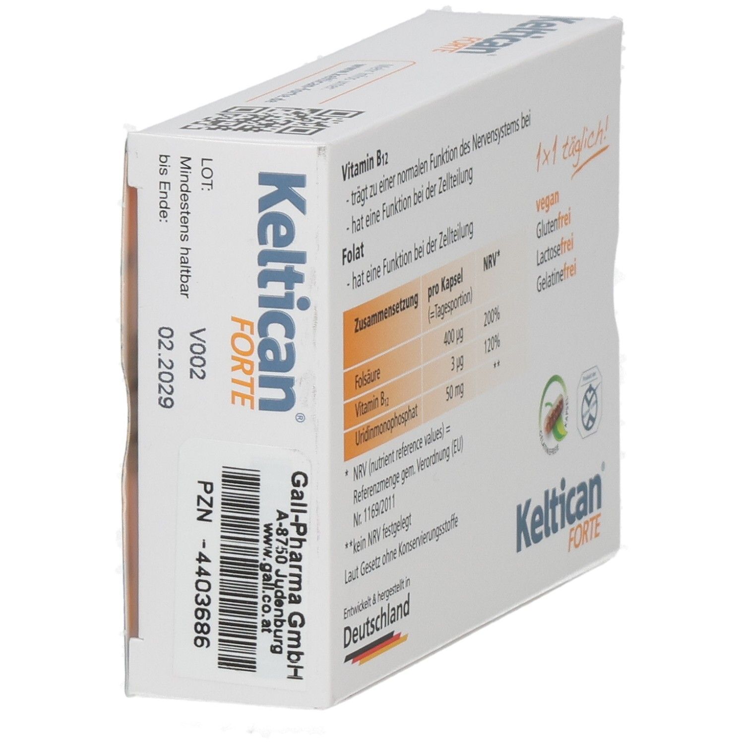 Boîte de Keltican FORTE, en biais. Inscriptions : date de péremption, PZN, fabricant. Contient de la vitamine B12 et de l'acide folique.