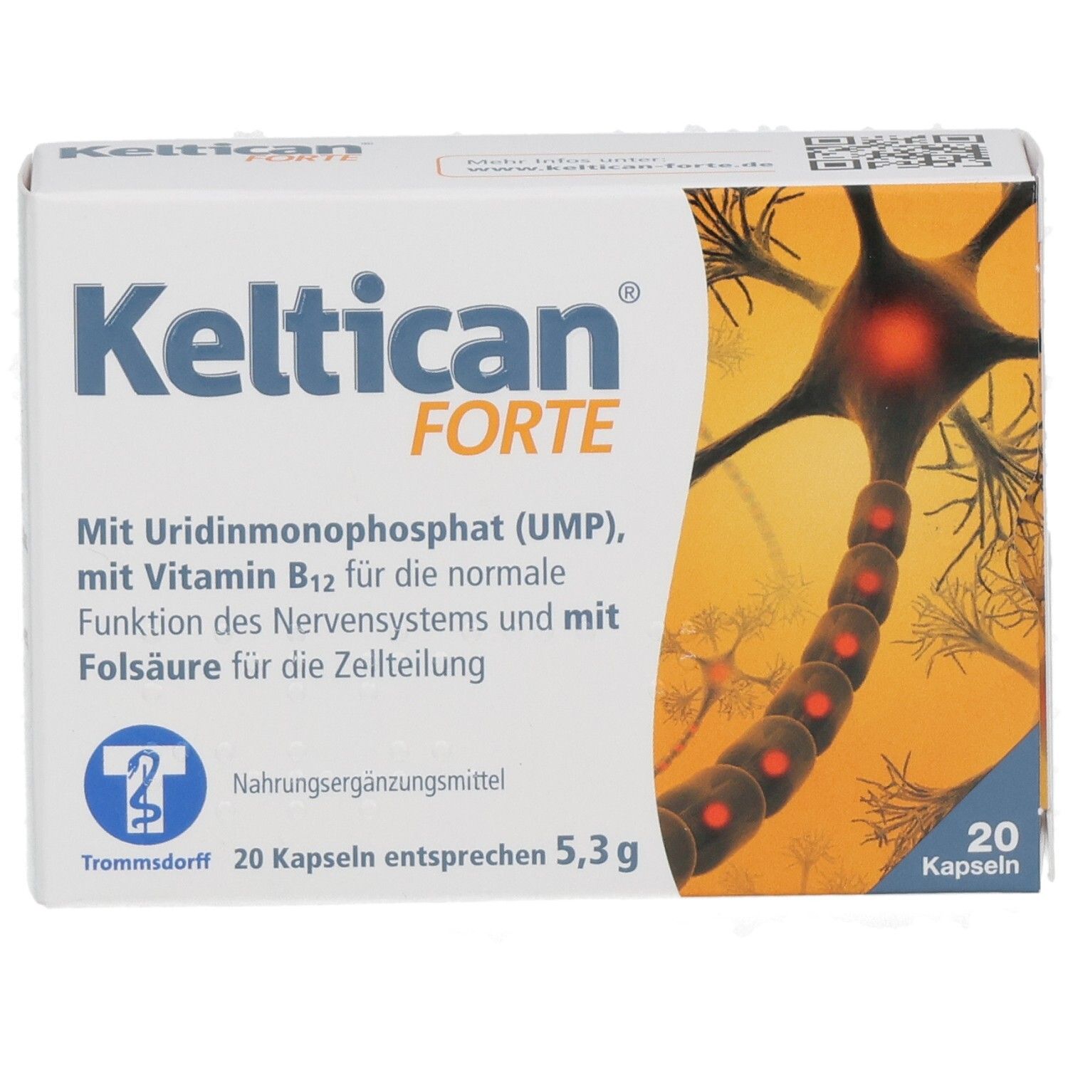 Boîte de Keltican FORTE. Contient 20 gélules. Inscriptions : UMP, vitamine B12, acide folique. Illustration d'un neurone.