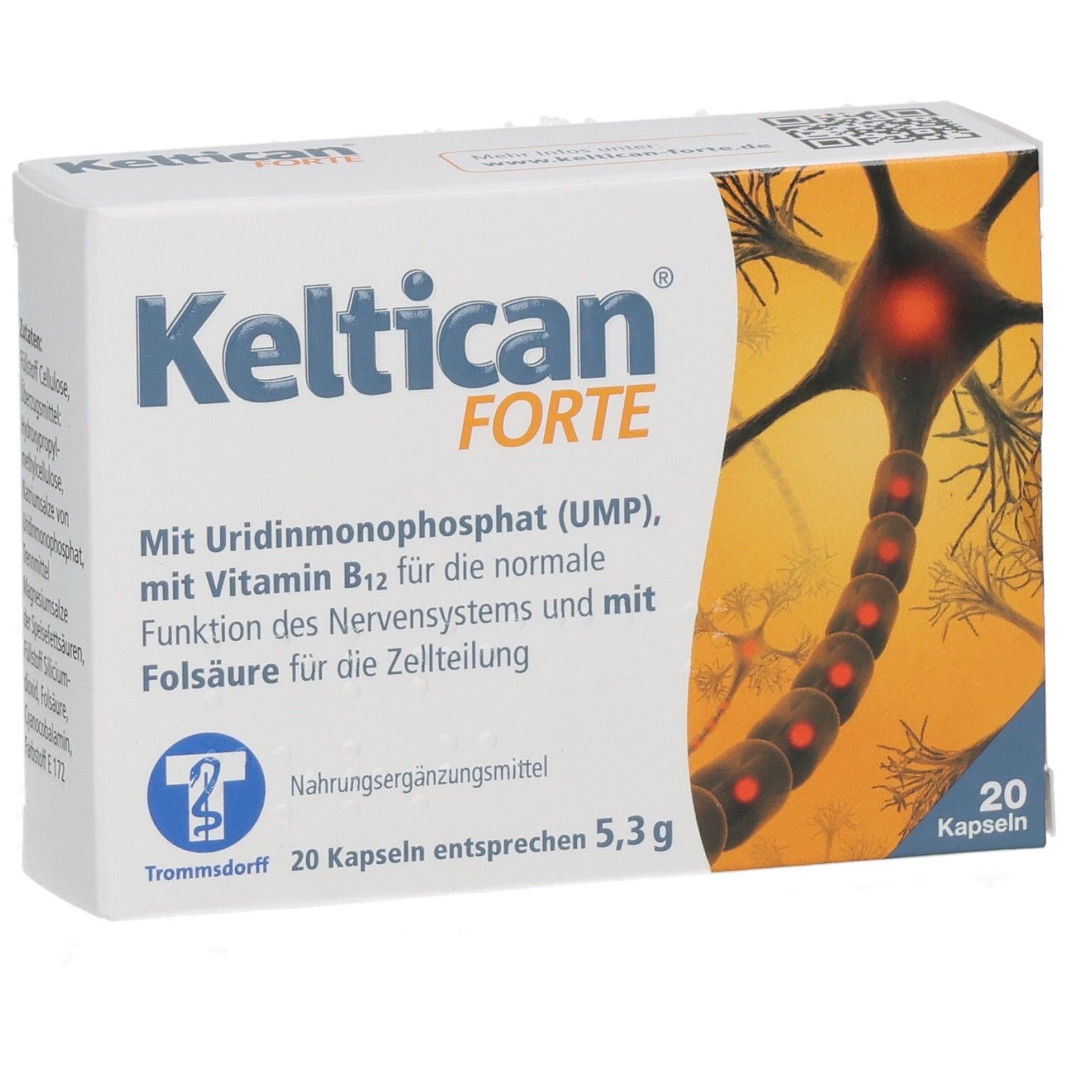 Boîte de Keltican FORTE. Contient 20 gélules. Inscriptions : UMP, vitamine B12, acide folique. Illustration d'un neurone.