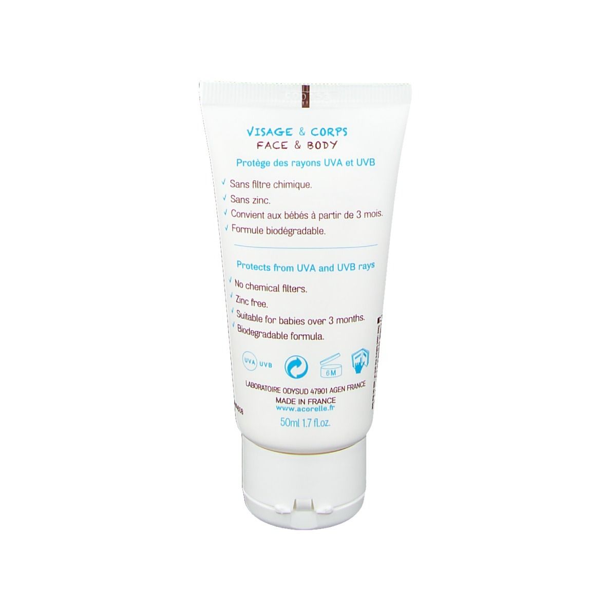 Dos du tube de crème solaire. Texte : "Visage & Corps", protection UVA/UVB, sans filtres chimiques, pour bébés dès 3 mois.