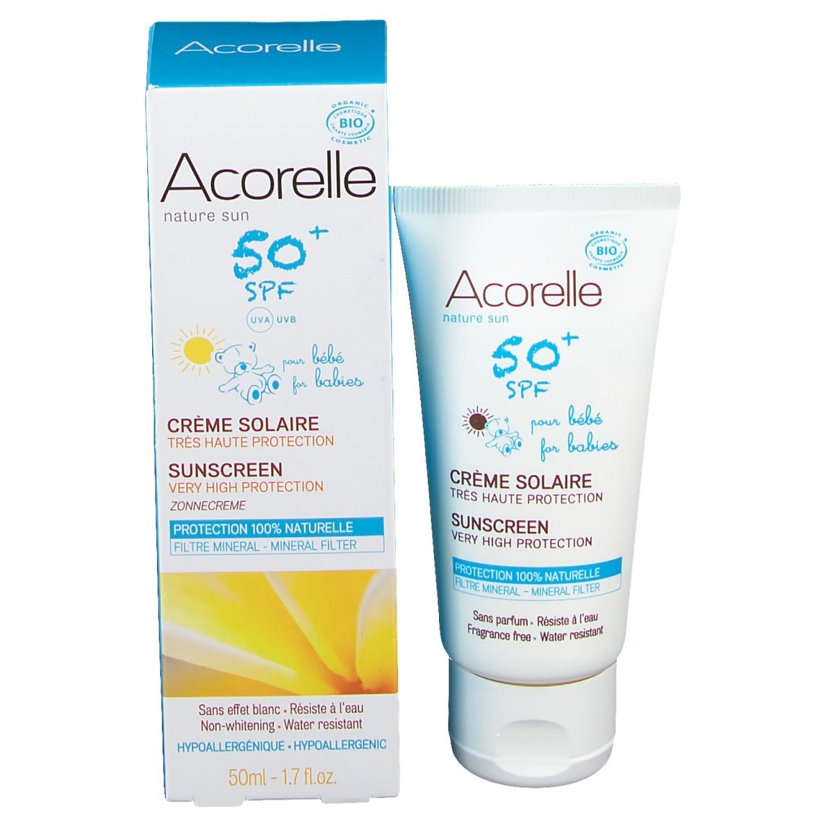 Crème solaire Acorelle SPF 50+ et emballage. Tube et boîte. Texte : "Crème Solaire", "SPF 50+", "pour bébés". Label bio.