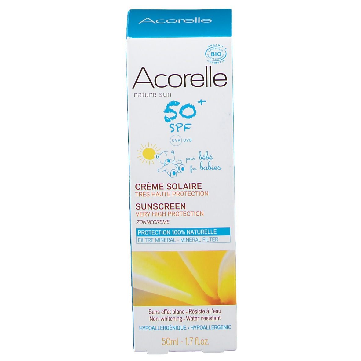 Emballage de la crème solaire Acorelle SPF 50+. Texte : "Crème Solaire", "SPF 50+", "pour bébés". Label bio. Fleur jaune.