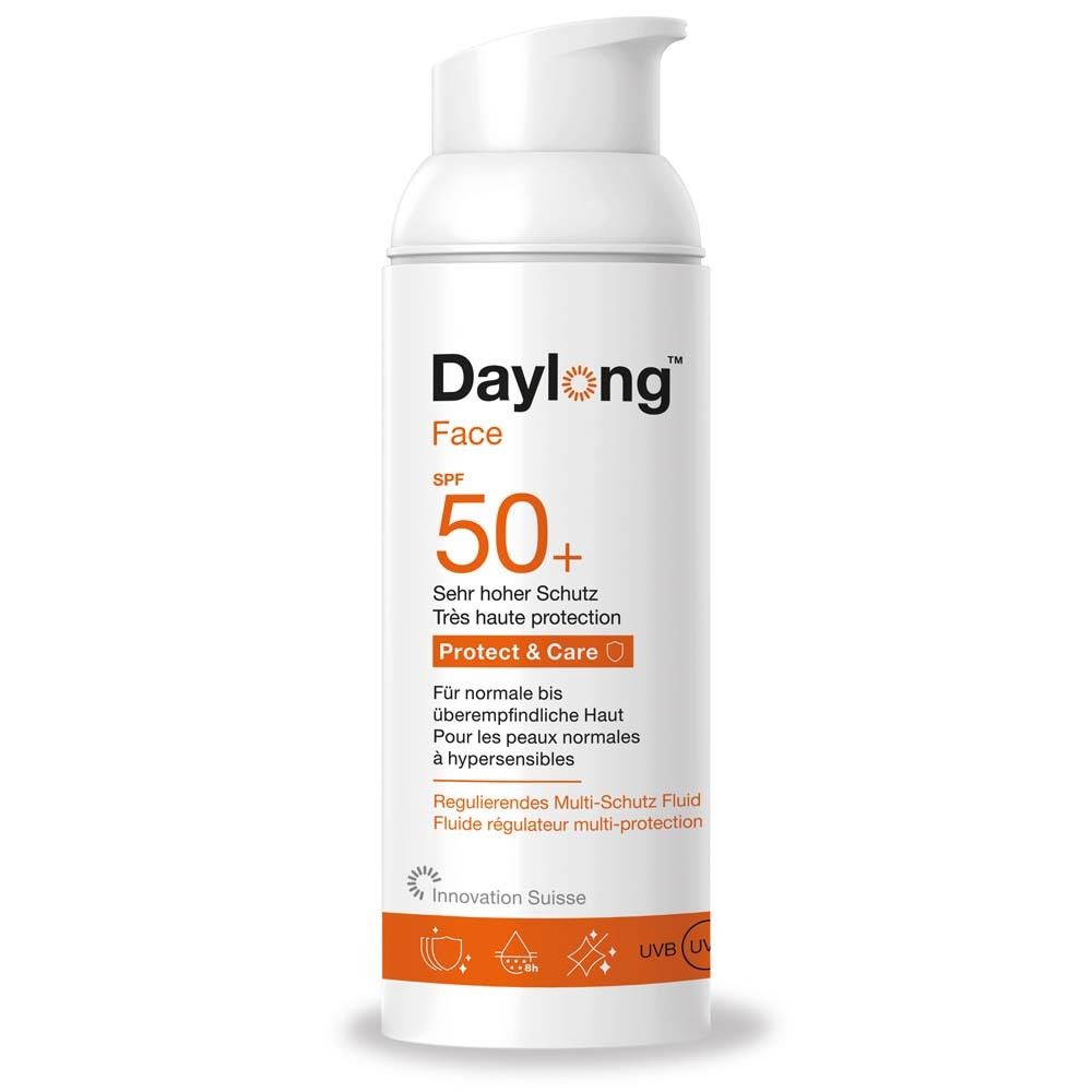 Flacon blanc avec pompe blanche. Daylong Face SPF 50+. Protect & Care. Fluide multi-protection.
