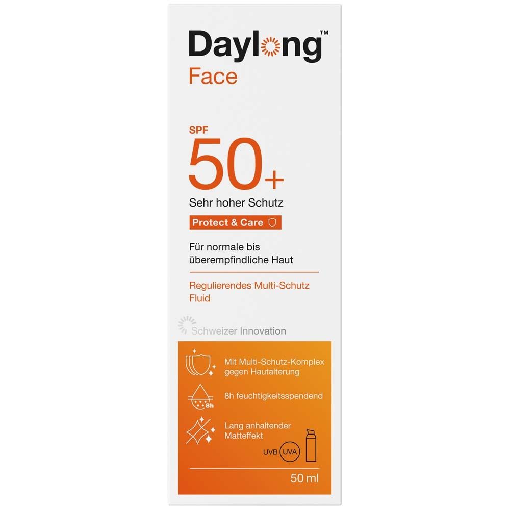 Boîte blanche. Daylong Face SPF 50+. Protect & Care. Fluide multi-protection. Innovation suisse.