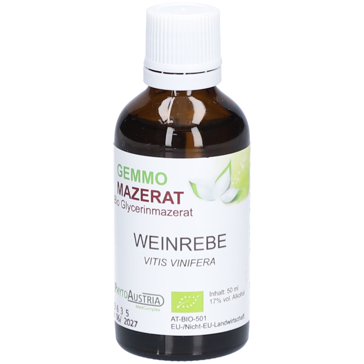 Braune Glasflasche mit weißem Deckel. Etikett mit Produktnamen, Logo und Bio-Siegel. Text: Weinrebe, Vitis vinifera.