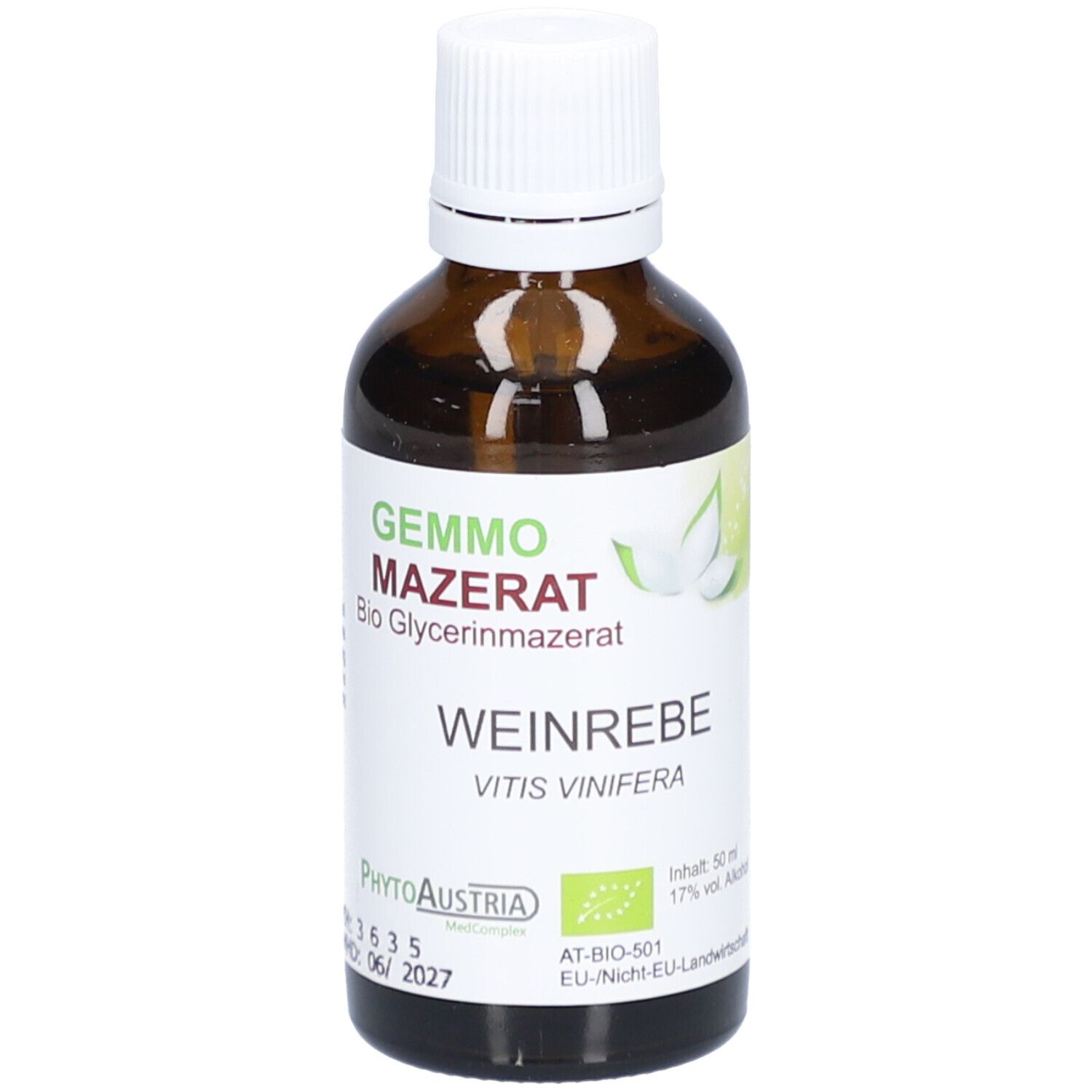 Braune Glasflasche mit weißem Deckel. Etikett mit Produktnamen, Logo und Bio-Siegel. Text: Weinrebe, Vitis vinifera. MHD 06/2027.