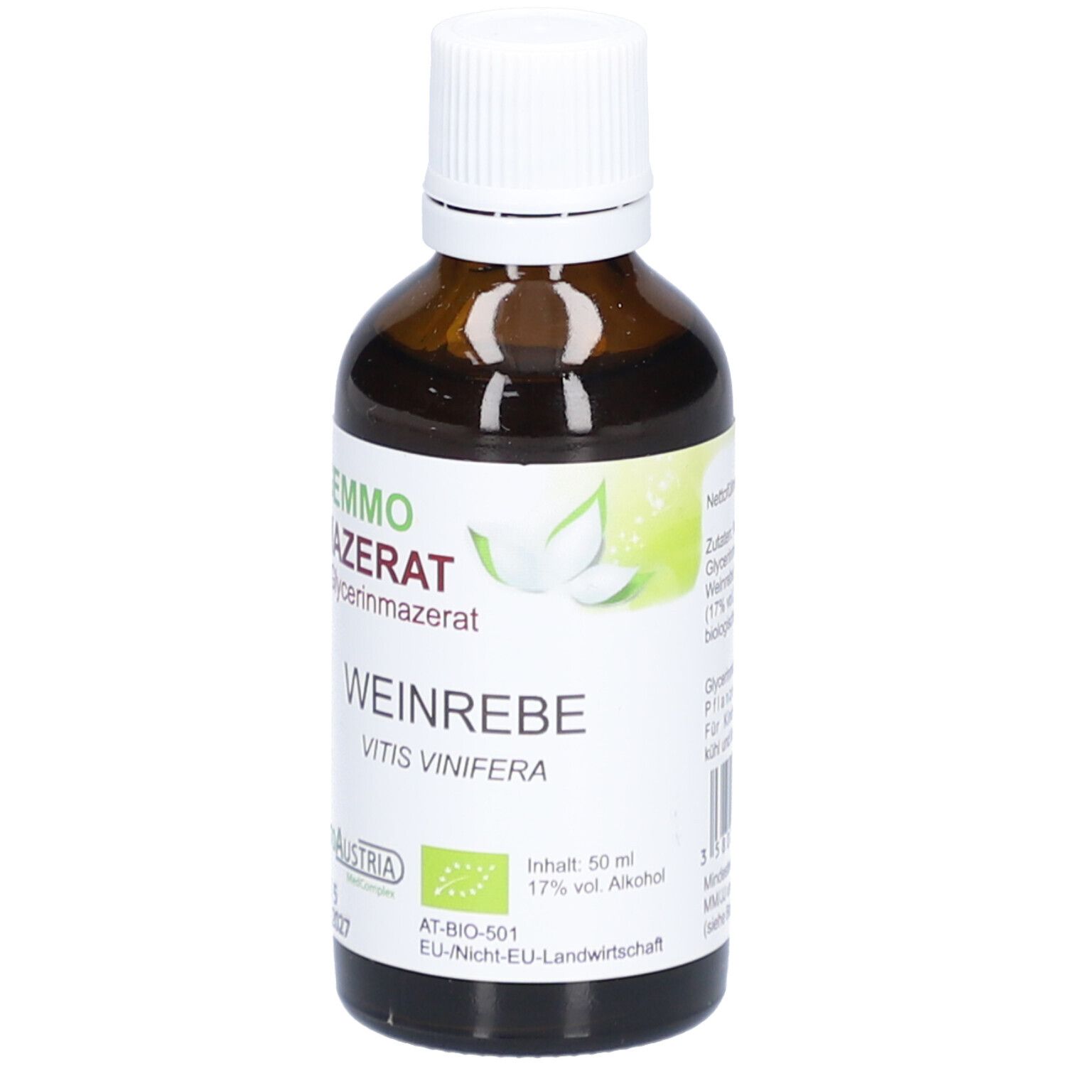 Braune Glasflasche mit weißem Deckel. Etikett mit Produktnamen, Logo und Bio-Siegel. Text: Weinrebe, Vitis vinifera. MHD 06/2027.