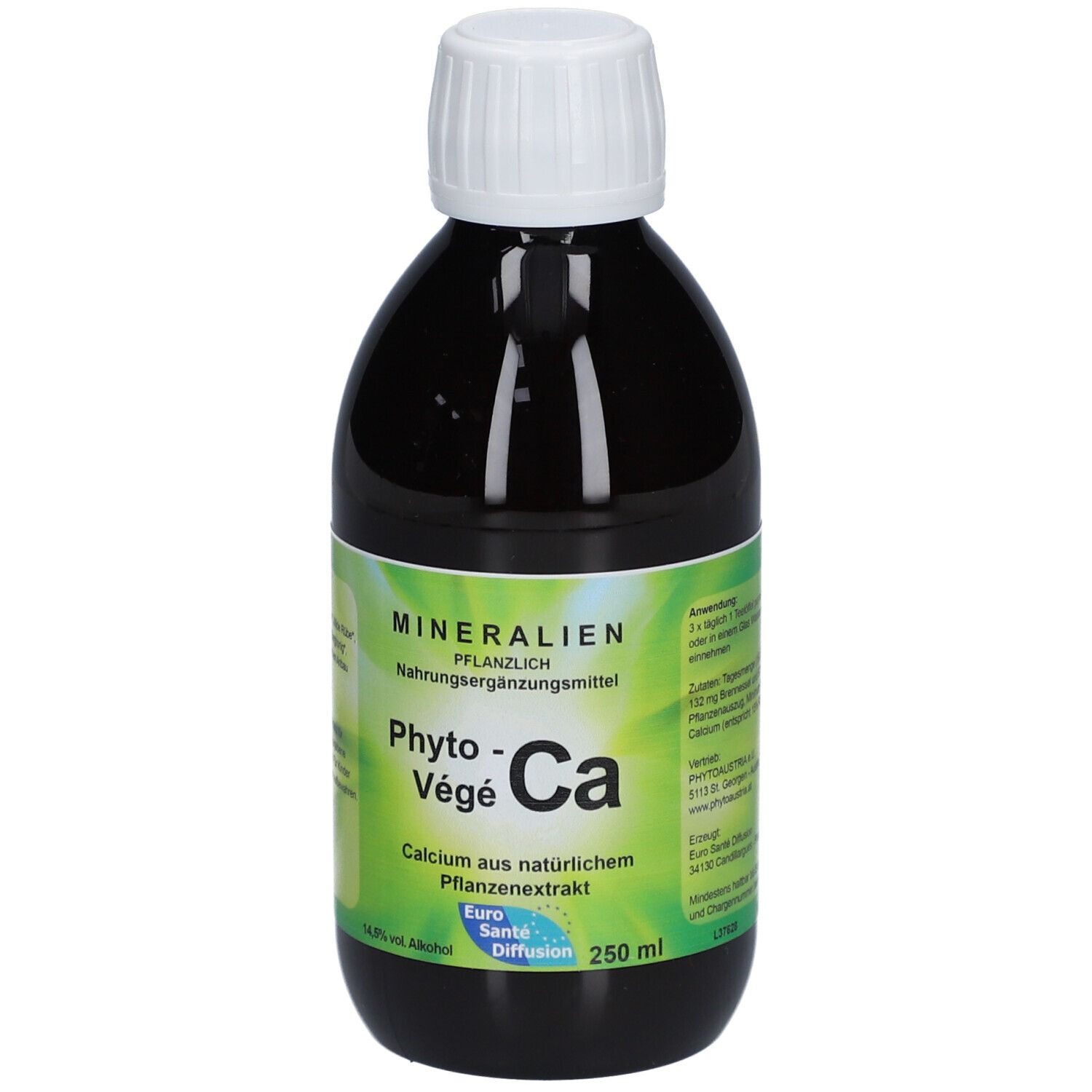 Braune Flüssigkeit in einer Flasche mit weißem Deckel. Aufschrift: Phyto-Végé-Ca, Calcium aus natürlichem Pflanzenextrakt. 250 ml.