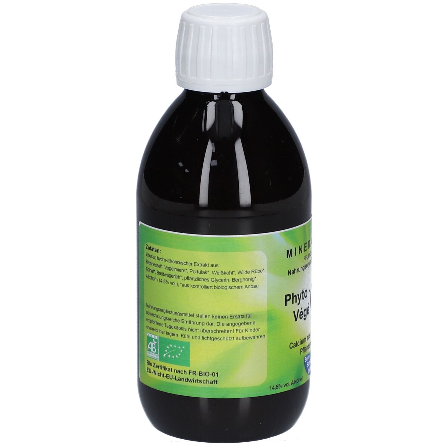 Braune Flüssigkeit in einer Flasche mit weißem Deckel. Auf der Rückseite: Zutaten, Bio-Zertifizierung. Etikett mit grünen Elementen.