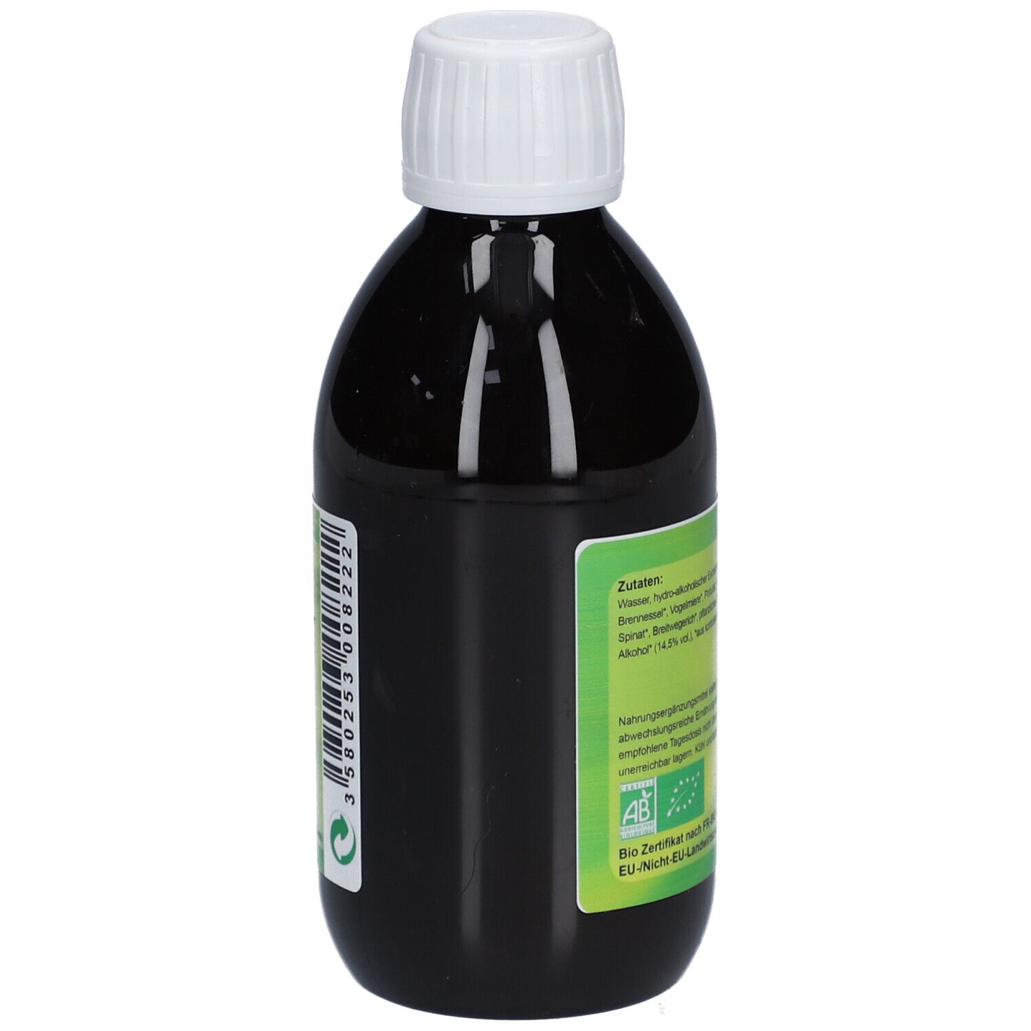 Braune Flüssigkeit in einer Flasche mit weißem Deckel. Rückansicht mit Zutatenliste und Bio-Zertifizierung. Grüne Etiketten.