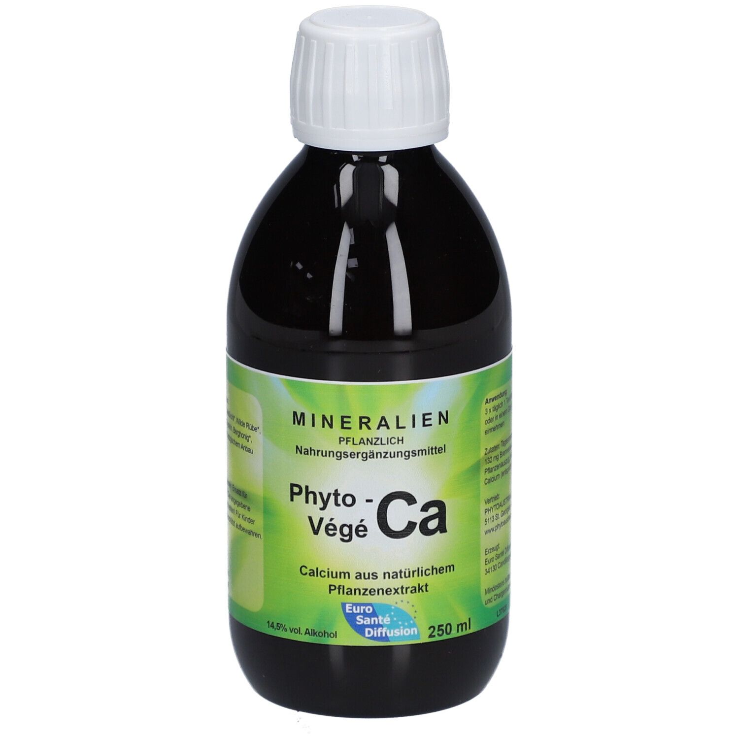Braune Flüssigkeit in einer Flasche mit weißem Deckel. Aufschrift: Phyto-Végé-Ca, Calcium aus natürlichem Pflanzenextrakt. 250 ml.
