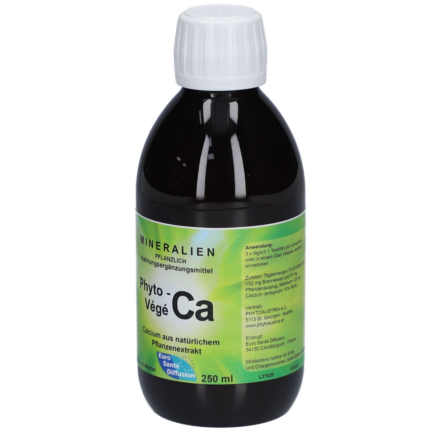 Braune Flüssigkeit in einer Flasche mit weißem Deckel. Aufschrift: Phyto-Végé-Ca, Calcium aus natürlichem Pflanzenextrakt. 250 ml. Anwendungshinweise.