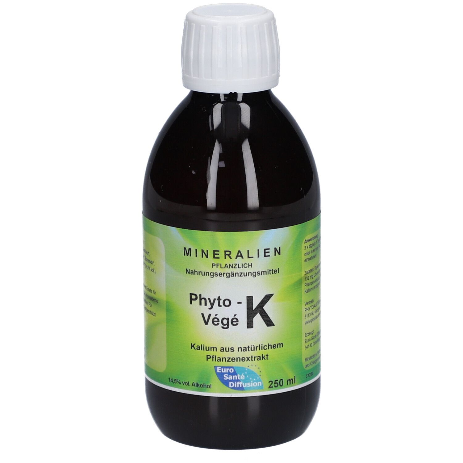 Braune Glasflasche mit weißem Deckel. Etikett mit Produktnamen Phyto-Vegè K und Inhaltsangaben. 250 ml.
