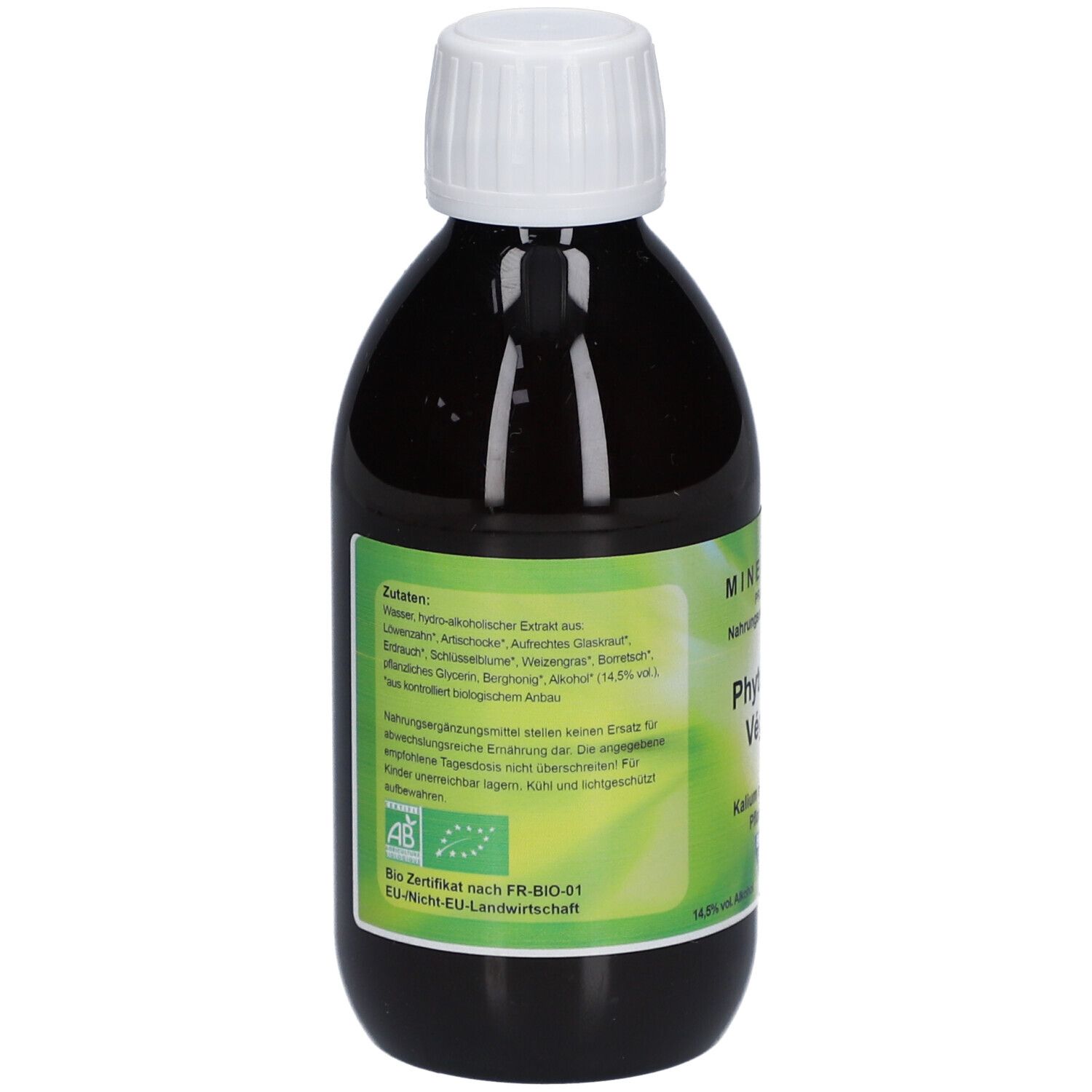 Braune Glasflasche mit weißem Deckel. Etikett mit Zutatenliste und Bio-Zertifizierung. Produktname: Phyto-Vegè K.