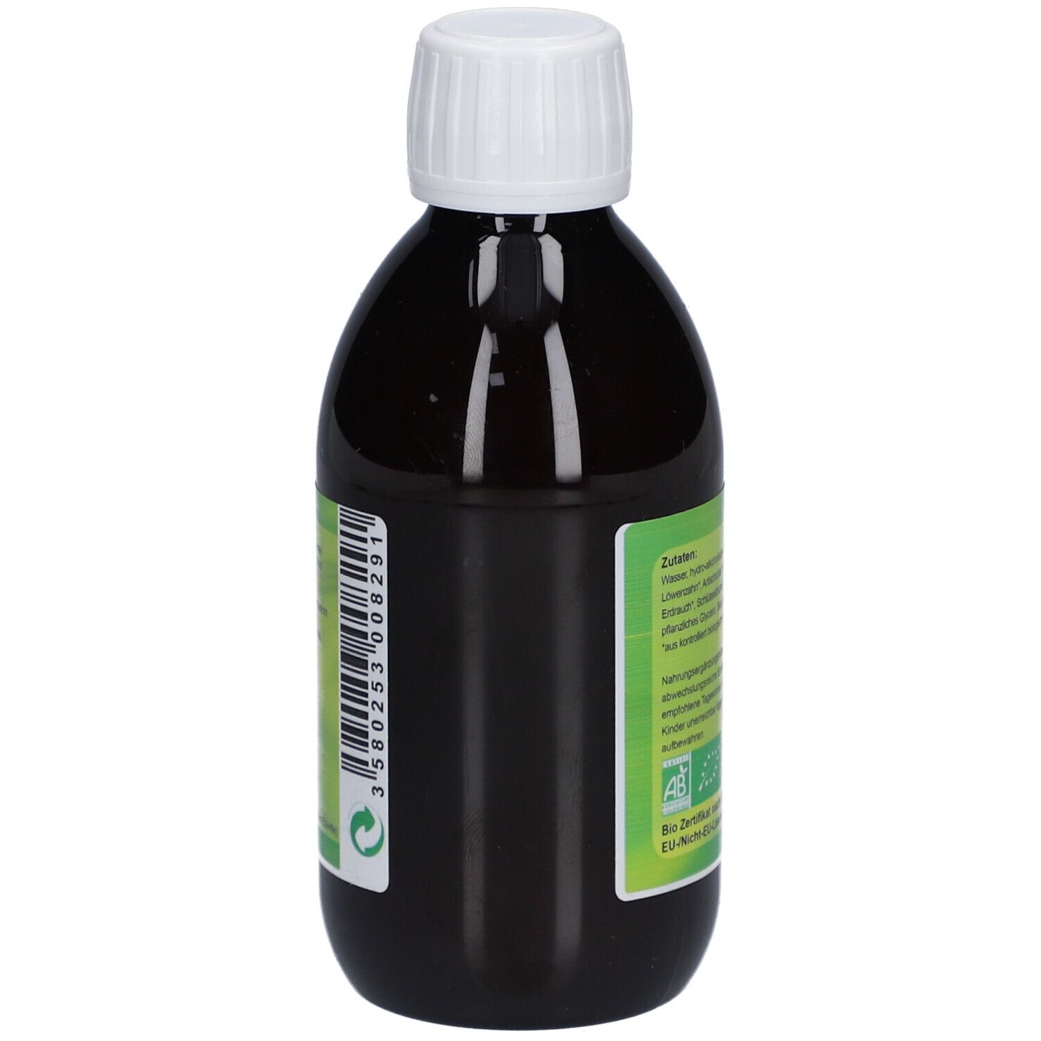 Braune Glasflasche mit weißem Deckel. Etikett mit Barcode und Produktinformationen. Produktname: Phyto-Vegè K.