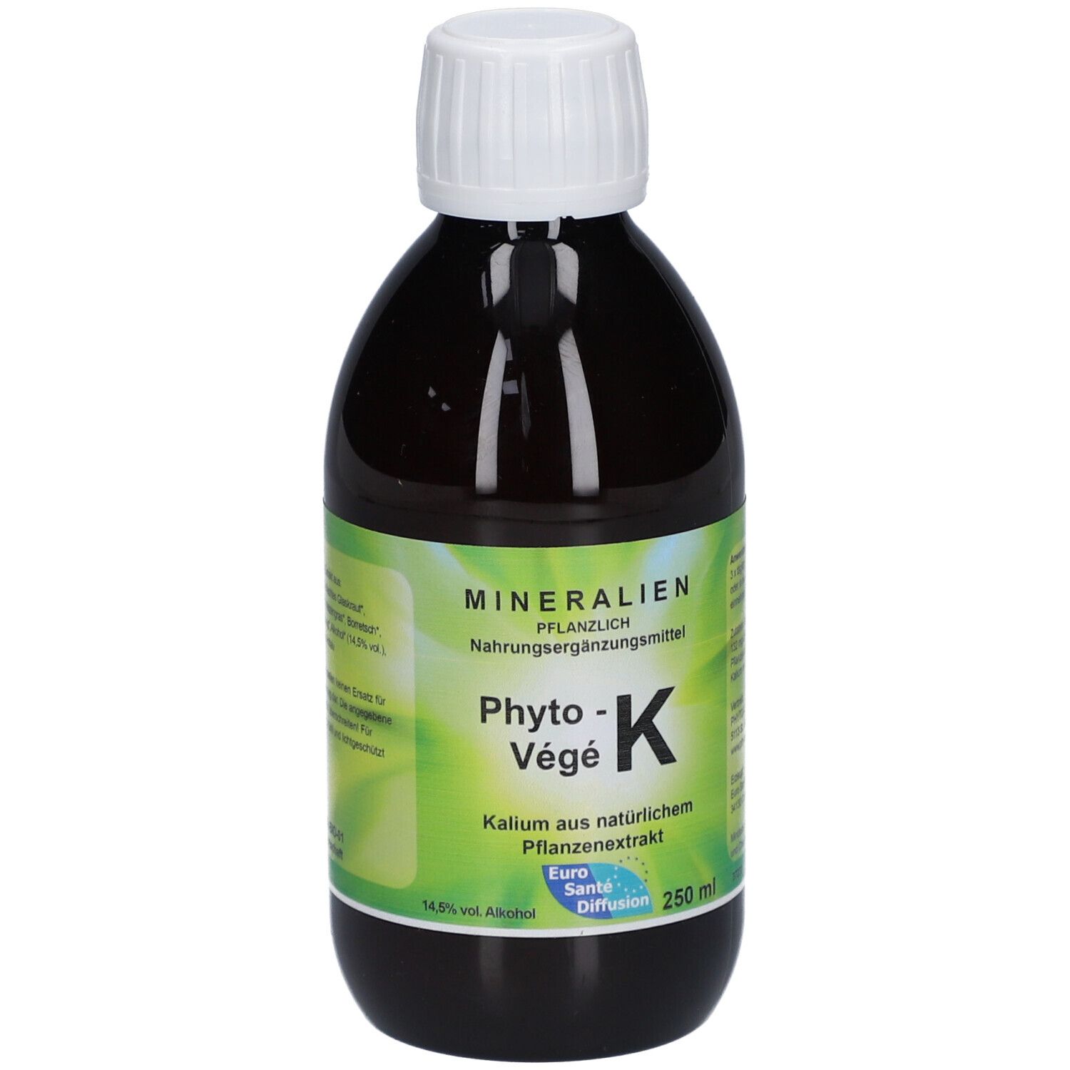 Braune Glasflasche mit weißem Deckel. Etikett mit Produktnamen Phyto-Vegè K und Inhaltsangaben. 250 ml.