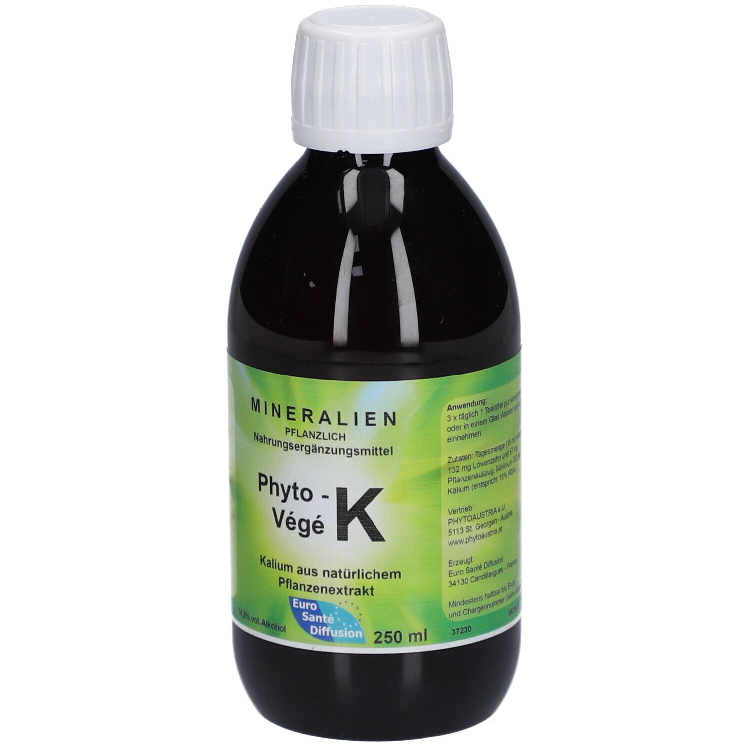 Braune Glasflasche mit weißem Deckel. Etikett mit Produktnamen Phyto-Vegè K und Inhaltsangaben. 250 ml.