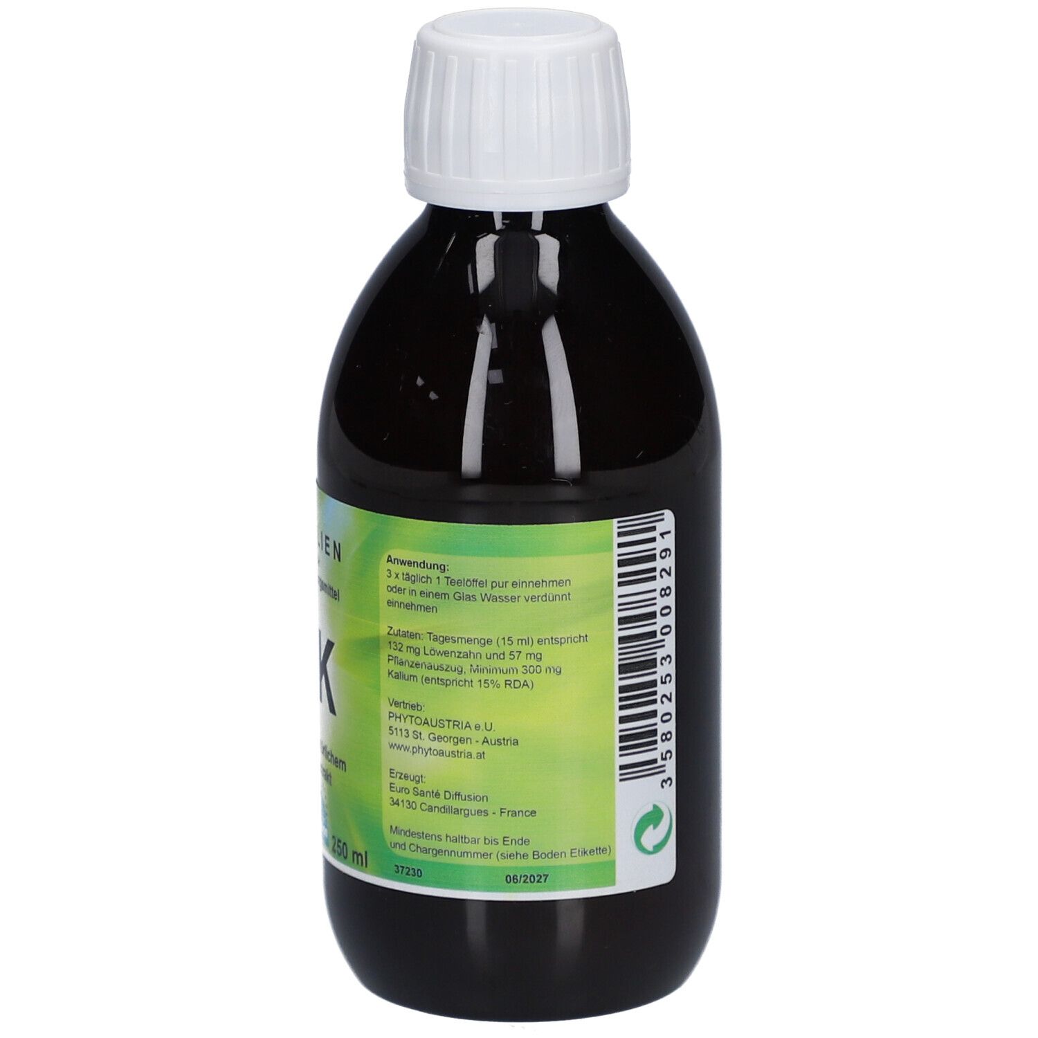 Braune Glasflasche mit weißem Deckel. Etikett mit Produktnamen Phyto-Vegè K und Anwendungshinweisen. 250 ml.
