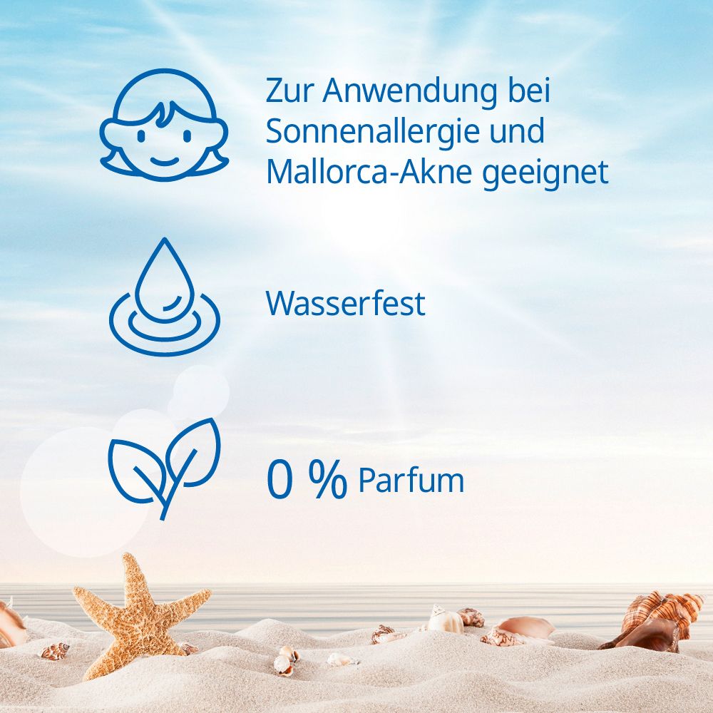Graphique avec symboles. Convient aux allergies solaires et à l'acné de Majorque. Résistant à l'eau. 0% parfum. Fond de plage.