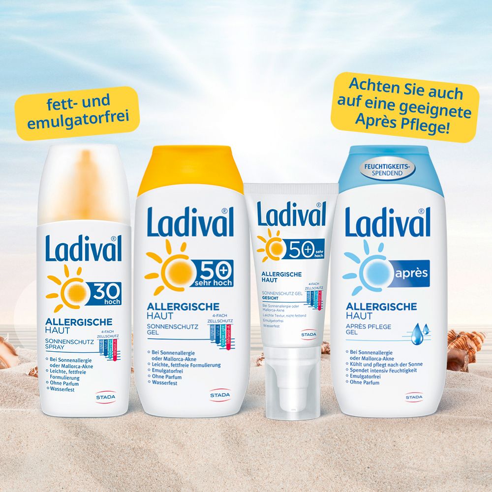 Gamme de produits Ladival® Allergische Haut. Crème solaire LSF 30, LSF 50+, gel après-soleil. Texte: sans graisse et sans émulsifiant.