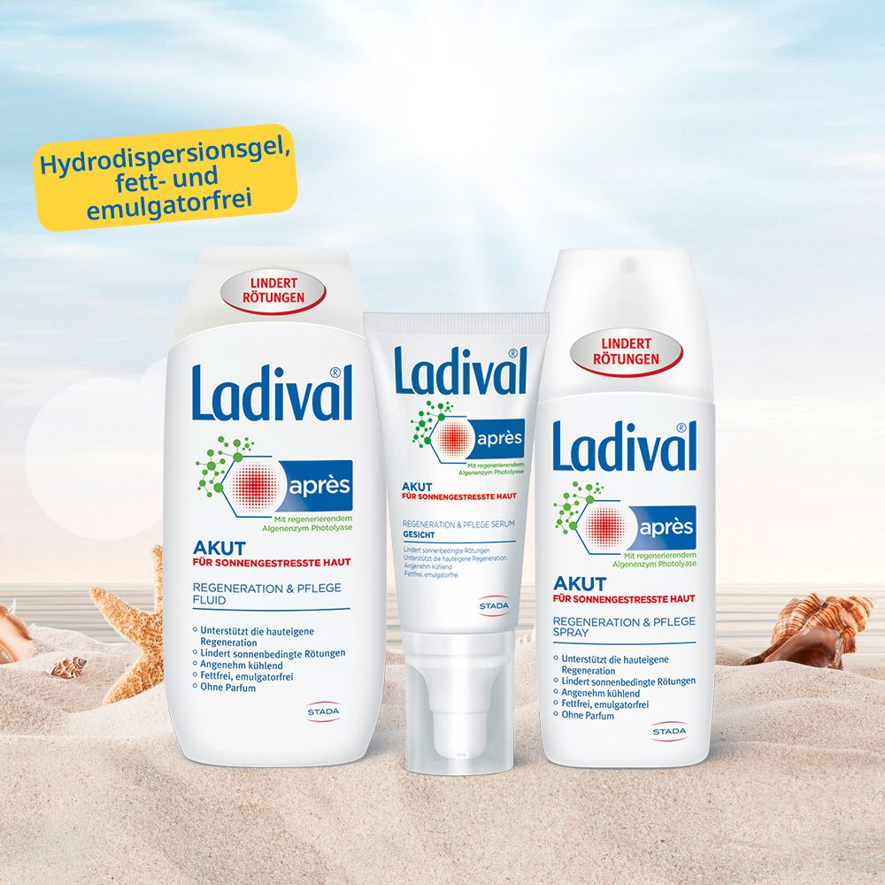 Drei Ladival-Produkte auf Sand. Fluid, Serum, Spray. Akut für sonnengestresste Haut. Text: Regeneration & Pflege.
