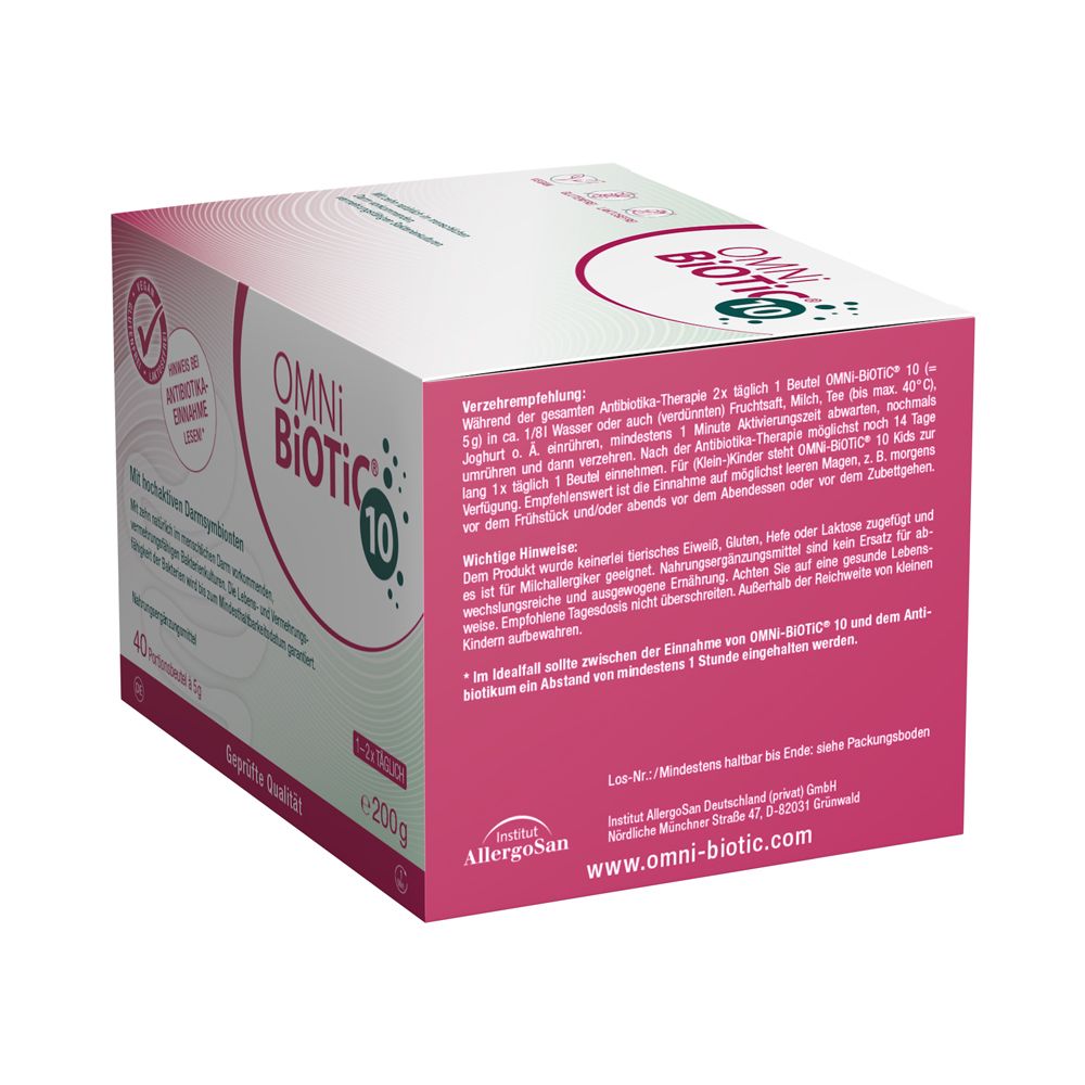 Arrière de la boîte OMNi-BiOTiC® 10 avec instructions d'utilisation et informations fabricant. 40 sachets portion de 5g.