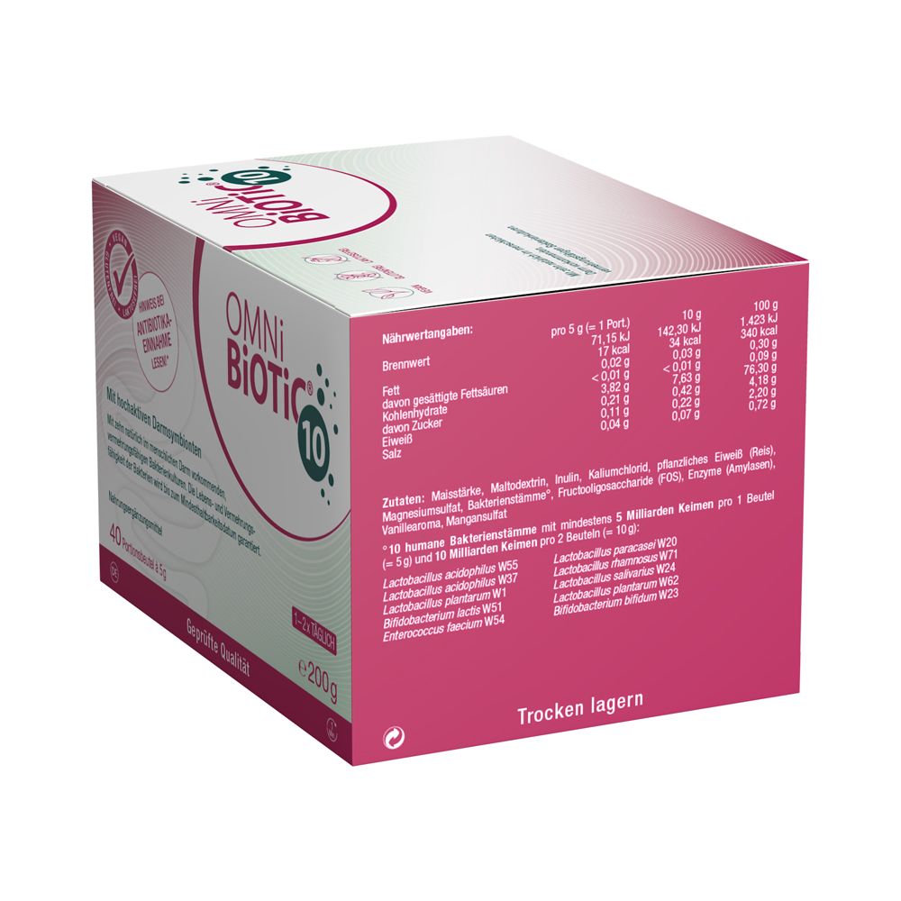 Vue latérale de la boîte OMNi-BiOTiC® 10 avec tableau nutritionnel et ingrédients. 40 sachets portion de 5g.