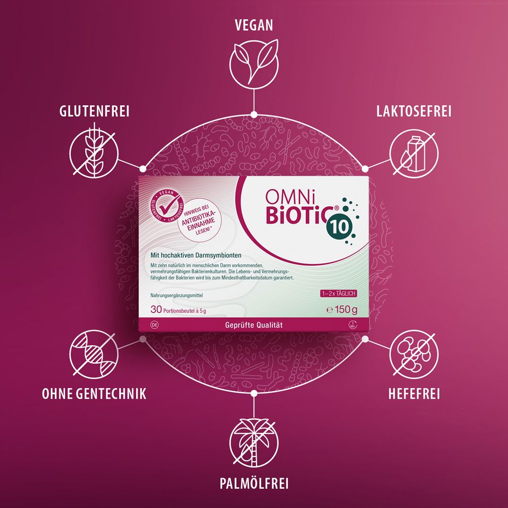 Boîte OMNi-BiOTiC® 10 au centre, entourée de symboles : Vegan, Sans lactose, Sans gluten, Sans OGM, Sans huile de palme, Sans levure.