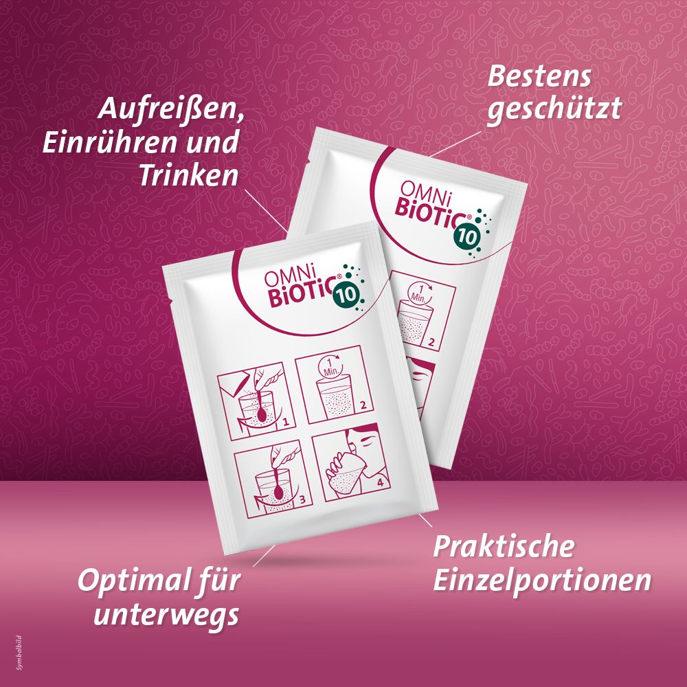 Deux sachets portion OMNi-BiOTiC® 10 avec étapes de préparation. "Portions individuelles pratiques", "Idéal en déplacement".