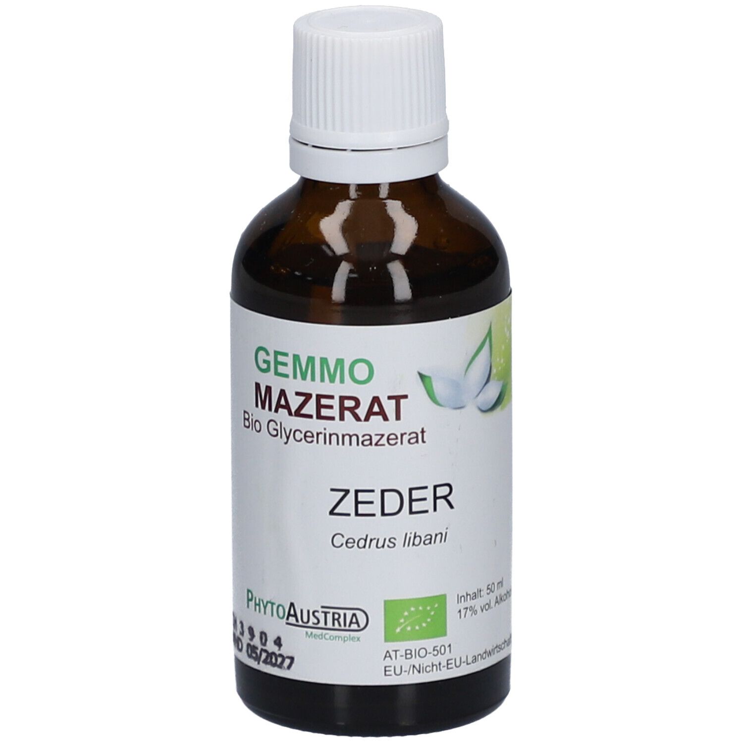 Braune Glasflasche mit weißem Deckel. Etikett mit Produktnamen, Zertifizierung und Inhaltsangaben. Gemmo Mazerat Zeder.