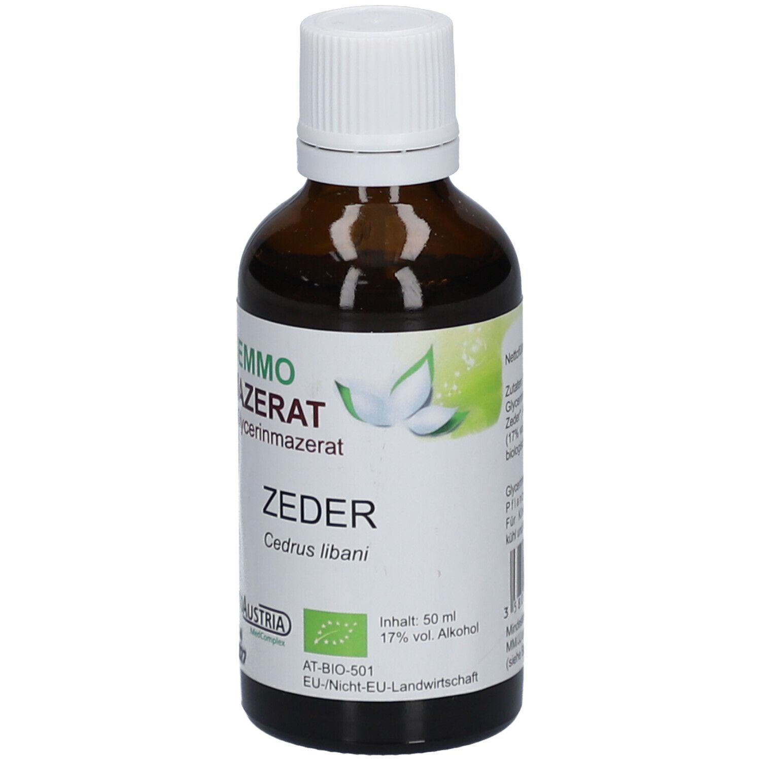 Braune Glasflasche mit weißem Deckel. Etikett mit Produktnamen, Zertifizierung und Inhaltsangaben. Gemmo Mazerat Zeder.