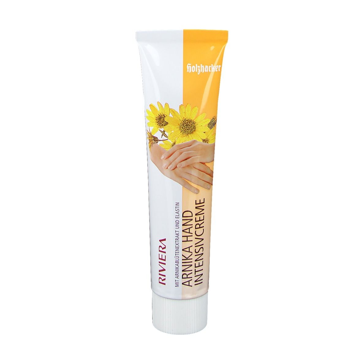 Creme-Tube, weiß-gelb, mit Sonnenblumen und Händen. Text: Arnika Hand Intensivcreme, Riviera.
