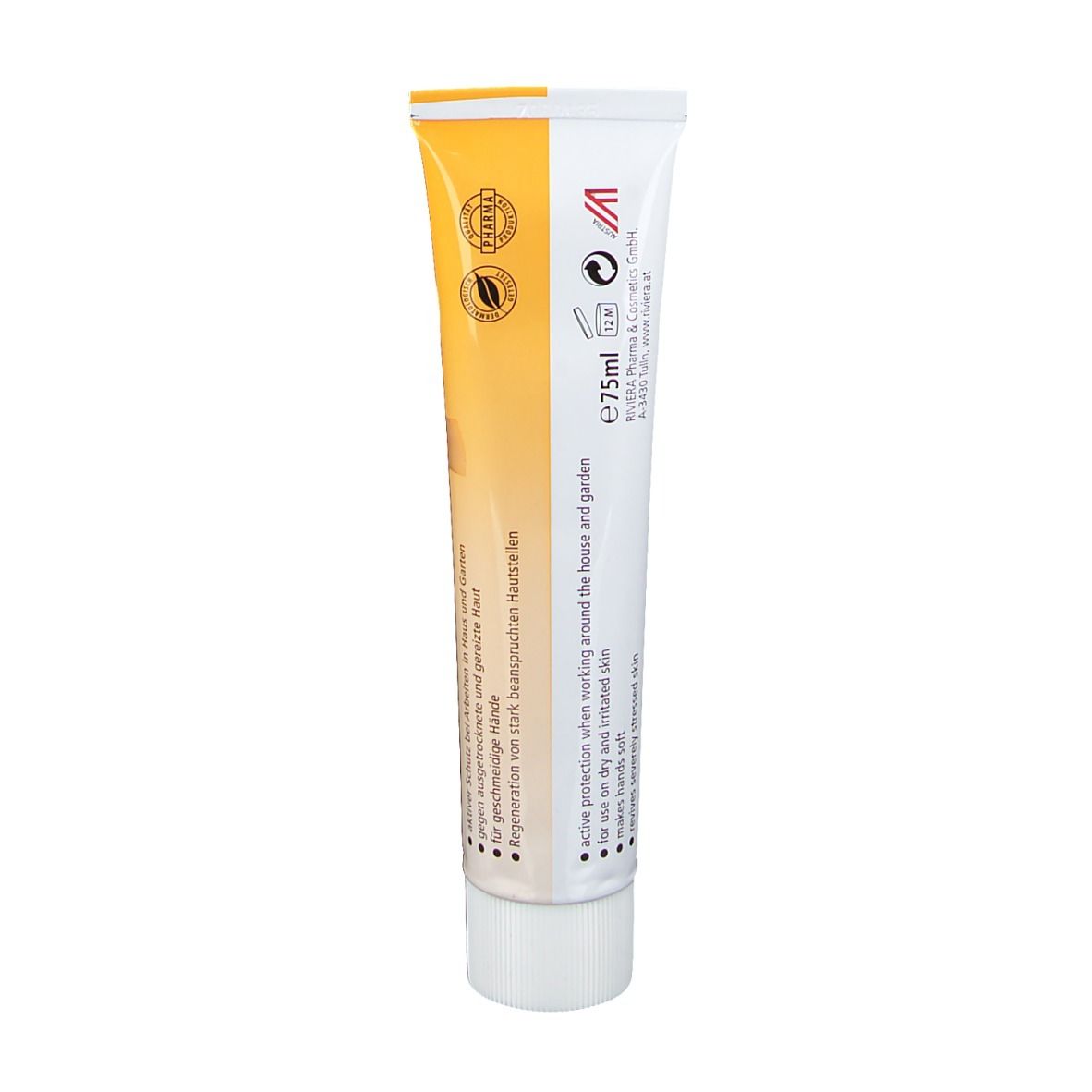 Rückseite der Creme-Tube. Gelb-weiß. Text: Arnika Hand Intensivcreme, e75ml, Logos.