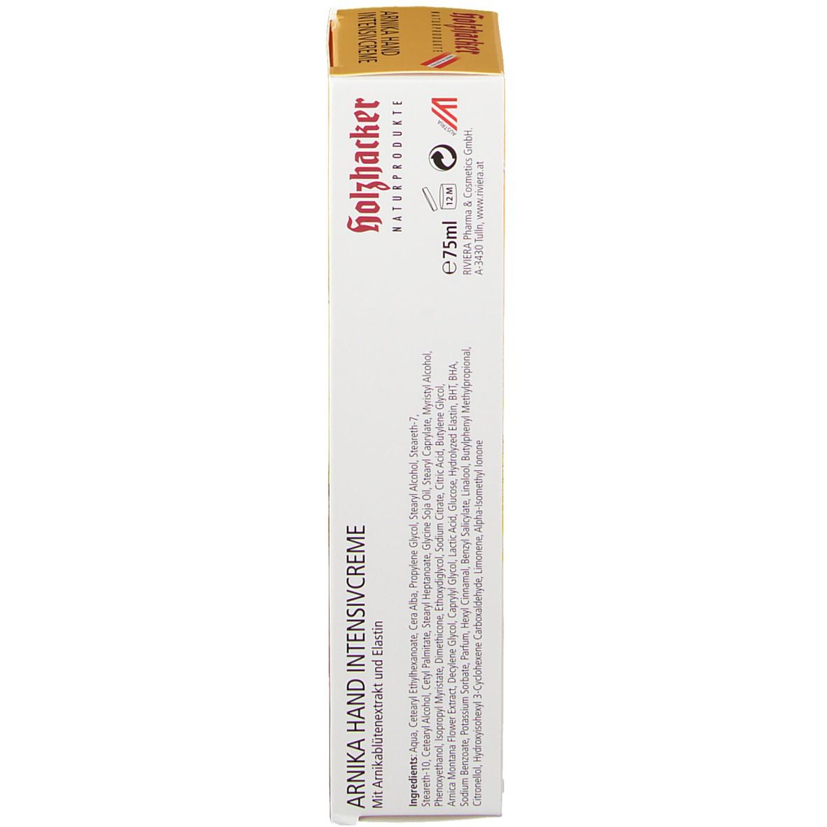 Verpackung, Seite. Gelb. Text: Arnika Hand Intensivcreme, Inhaltsstoffe, e75ml.