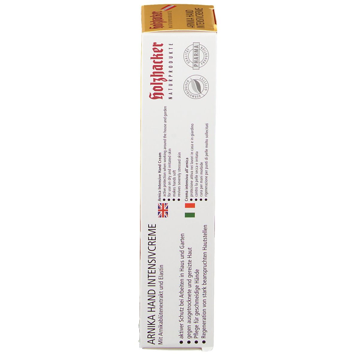 Verpackung, Seite. Gelb. Text: Arnika Hand Intensivcreme, Anwendungsbereiche, Logos.