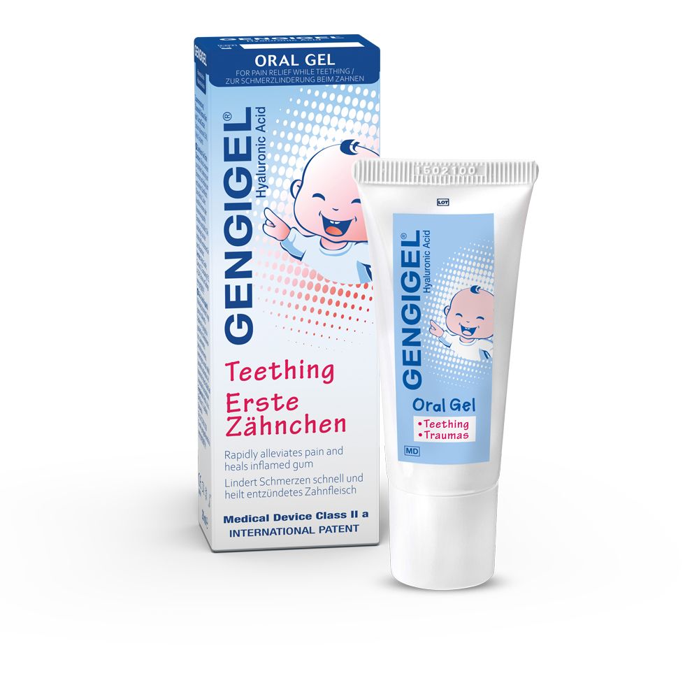 Gel et boîte GENGIGEL® Erste Zähnchen. Contient de l'acide hyaluronique. Dispositif médical.