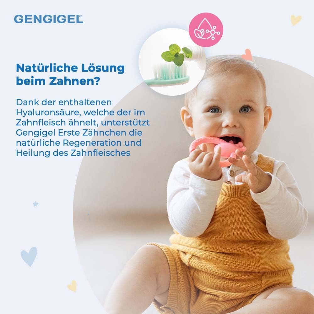 Bébé avec jouet dans la bouche. Texte : Solution naturelle pour la dentition. Contient de l'acide hyaluronique.