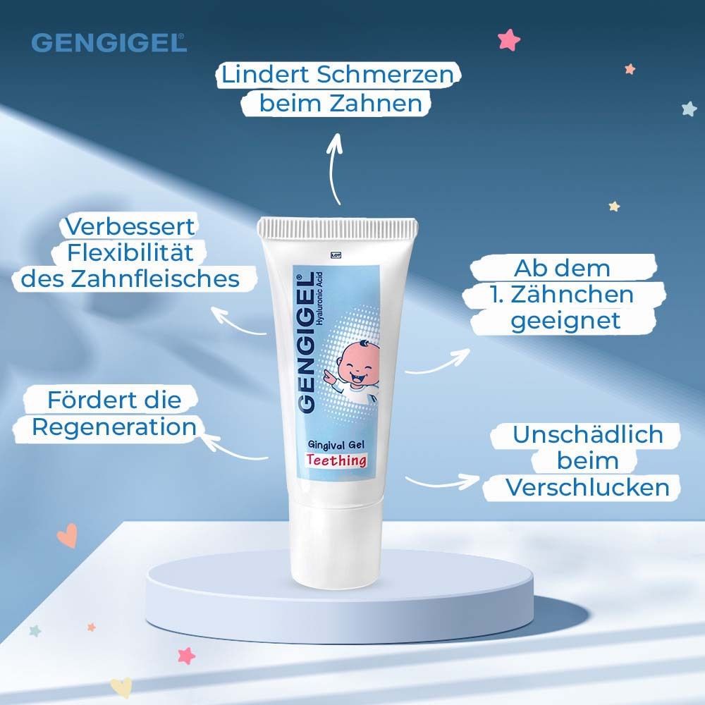 Gel Gengigel® sur socle. Texte : Soulage la douleur, favorise la régénération, convient dès la 1ère dent.