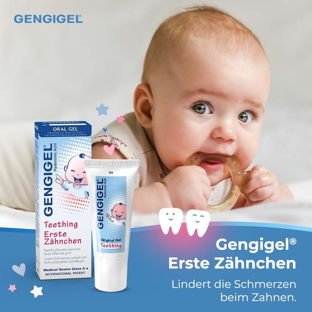 Bébé avec gel et boîte. Texte : Gengigel® Erste Zähnchen. Soulage la douleur lors de la dentition.