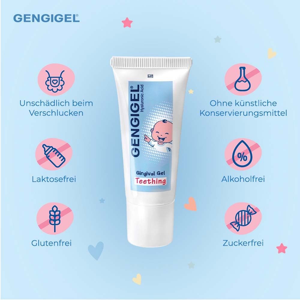 Gel Gengigel®. Texte : Sans danger en cas d'ingestion, sans lactose, sans gluten, sans sucre, sans alcool.